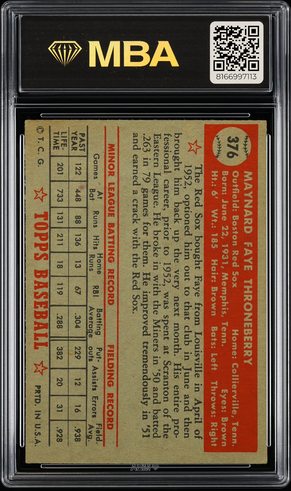 1952 Topps Faye Throneberry #376 MBA 4