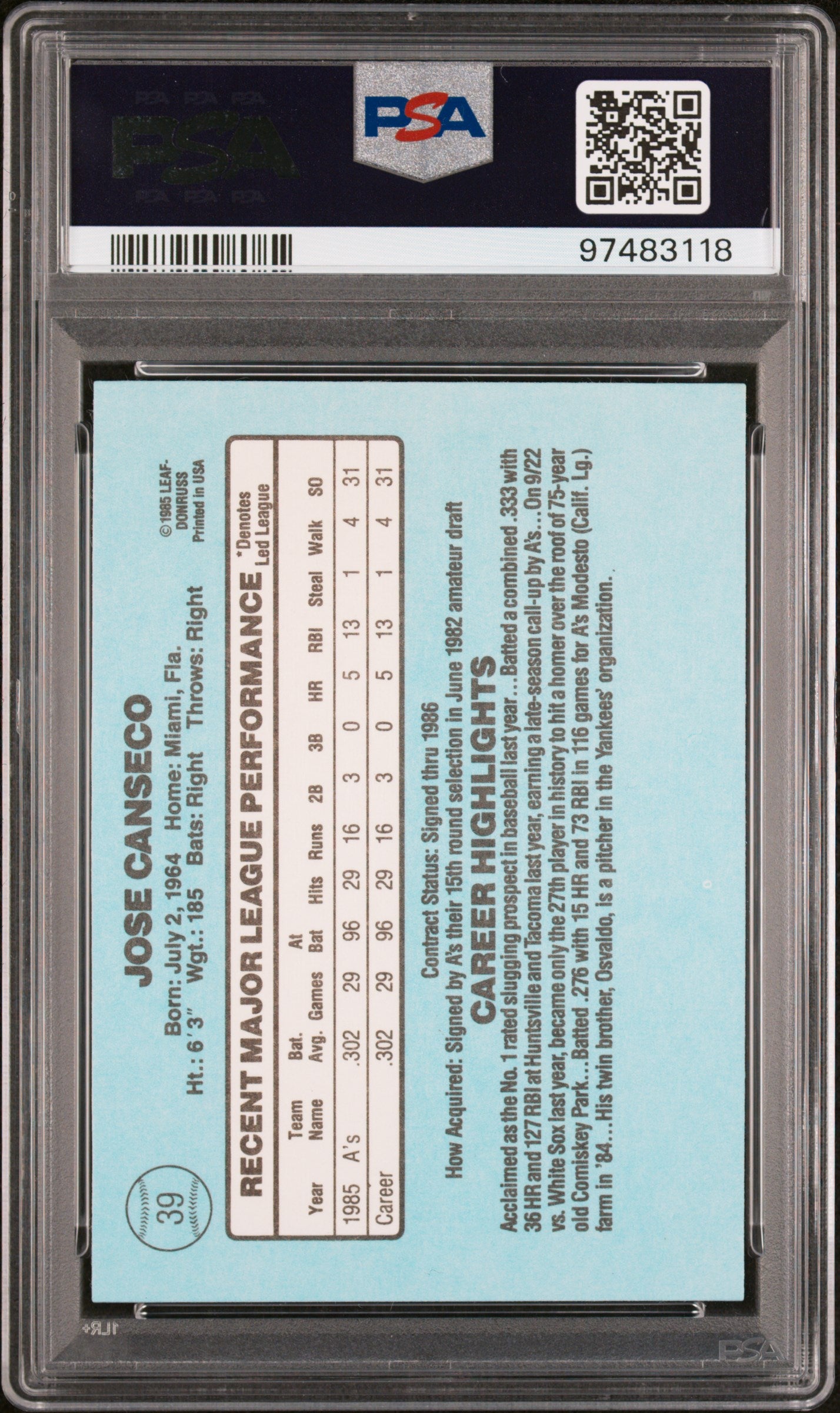 1986 Donruss Jose Canseco #39 PSA 9