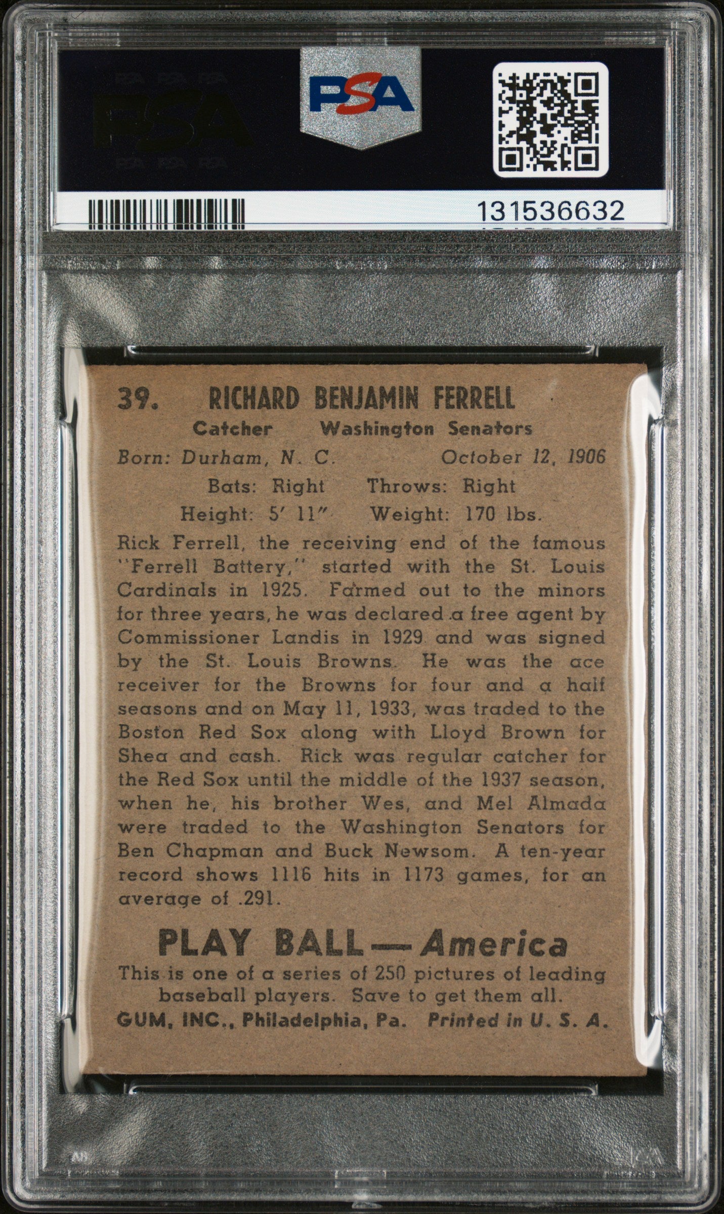 1939 Play Ball Rick Ferrell #39 PSA 4