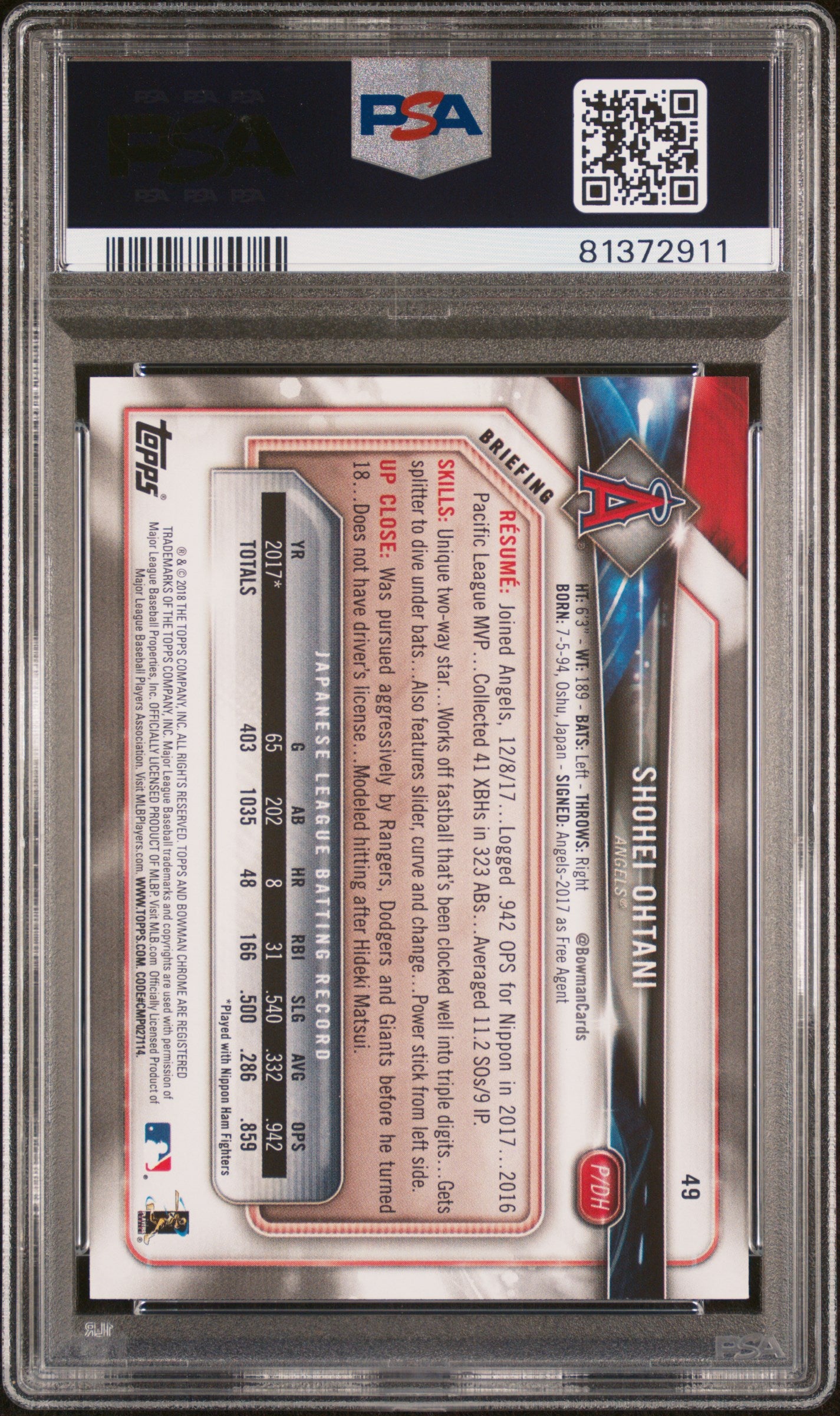 2018 Bowman Shohei Ohtani #49 PSA 9