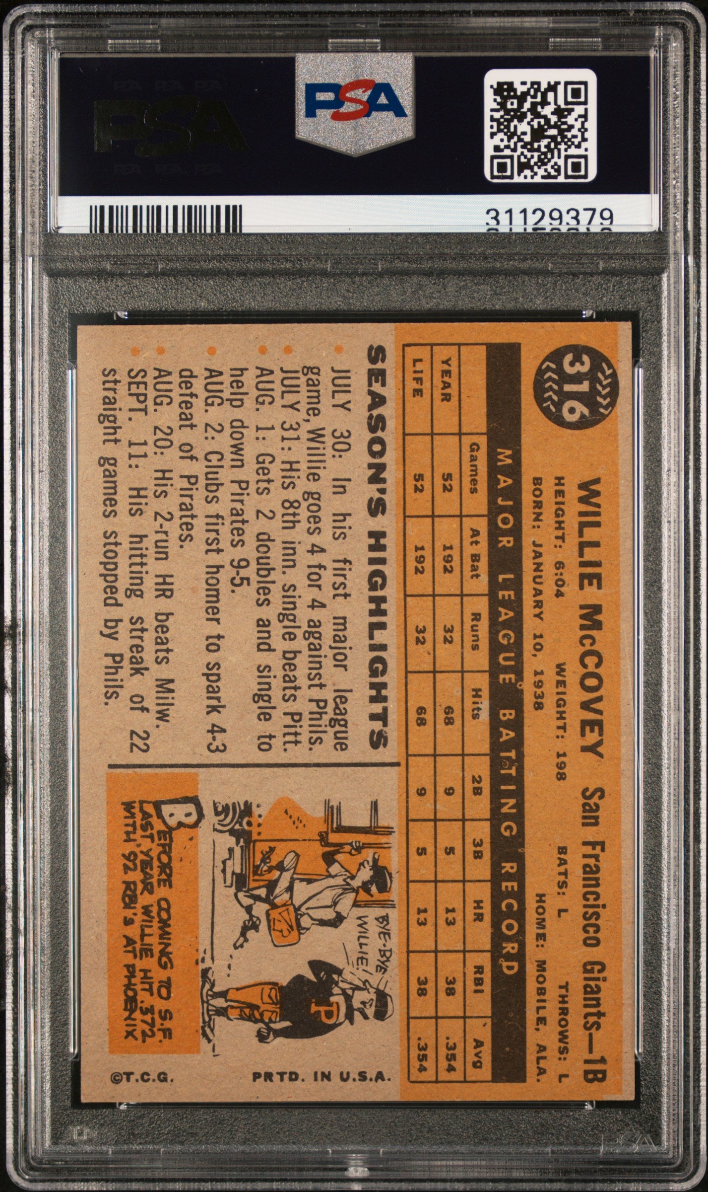 1960 Topps Willie Mccovey #316 All Star Rookie PSA 8