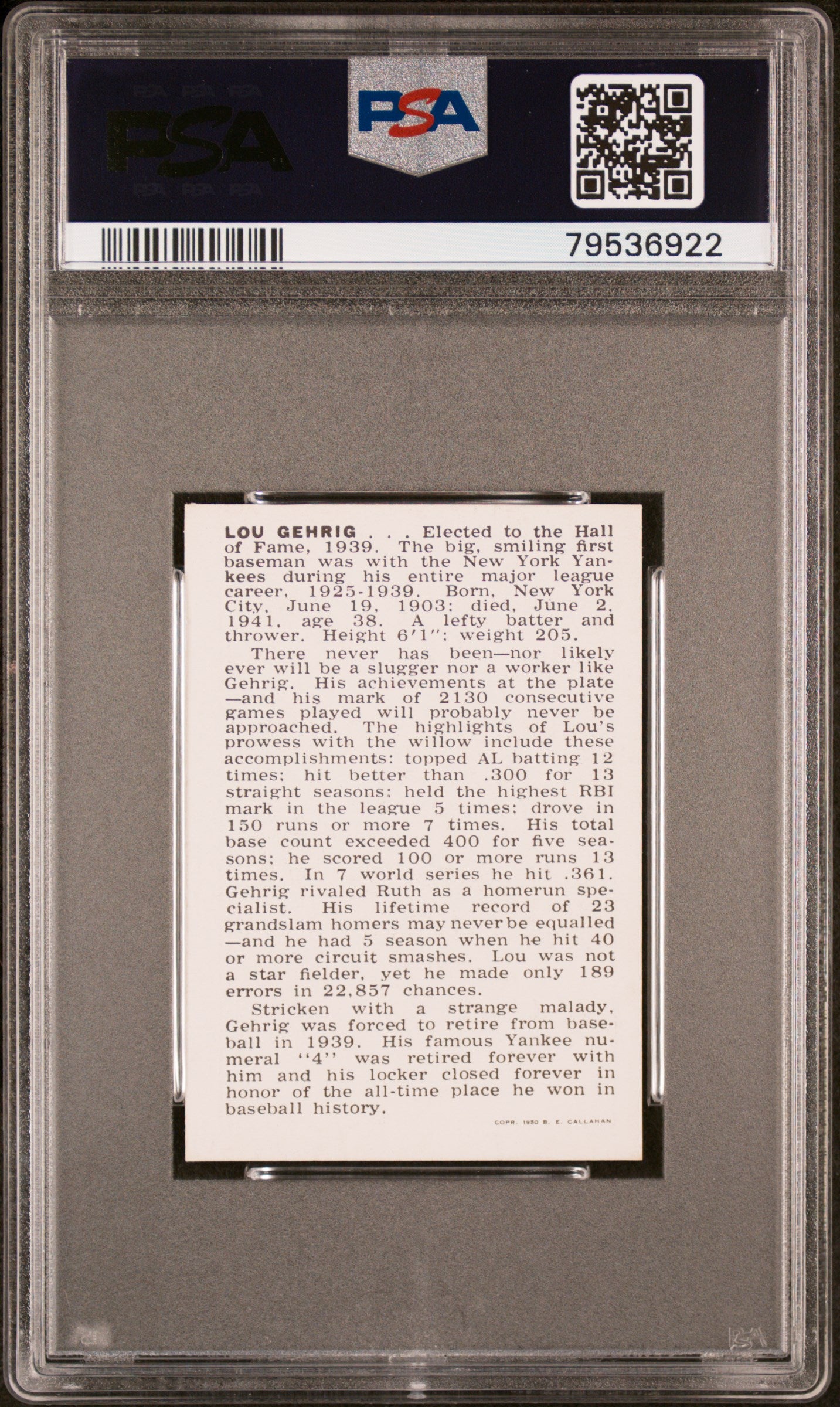 1950 Callahan Hall Of Fame Lou Gehrig PSA 8