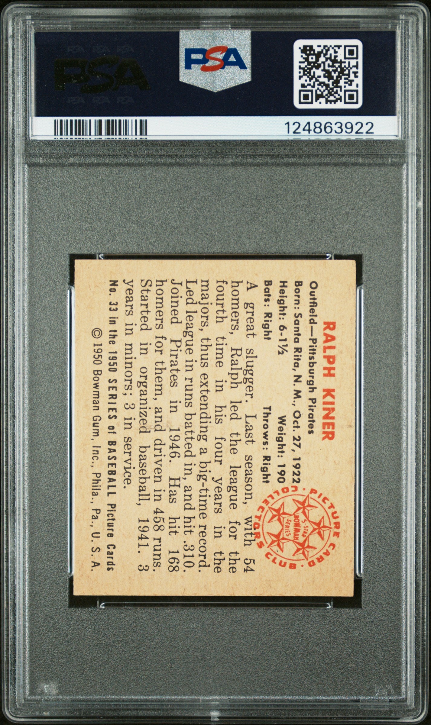 1950 Bowman Ralph Kiner #33 PSA 7