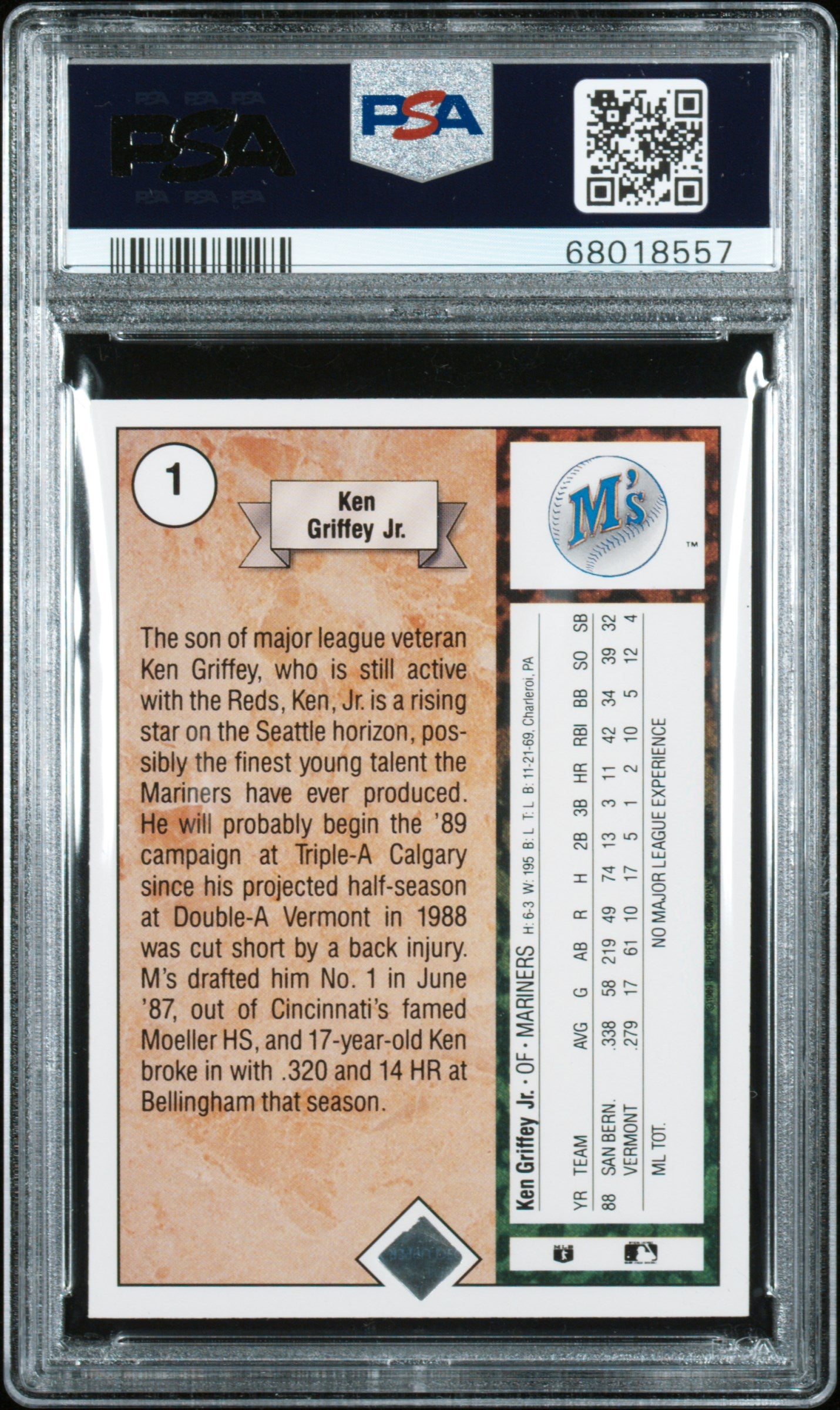 1989 Upper Deck Ken Griffey JR. #1 Star Rookie PSA 9 Auto 10