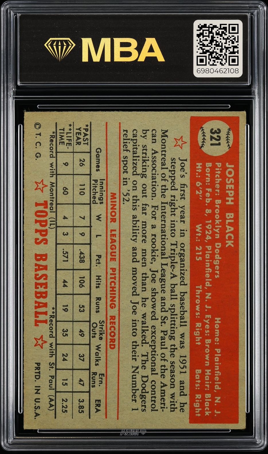 1952 Topps Joe Black #321 MBA 3