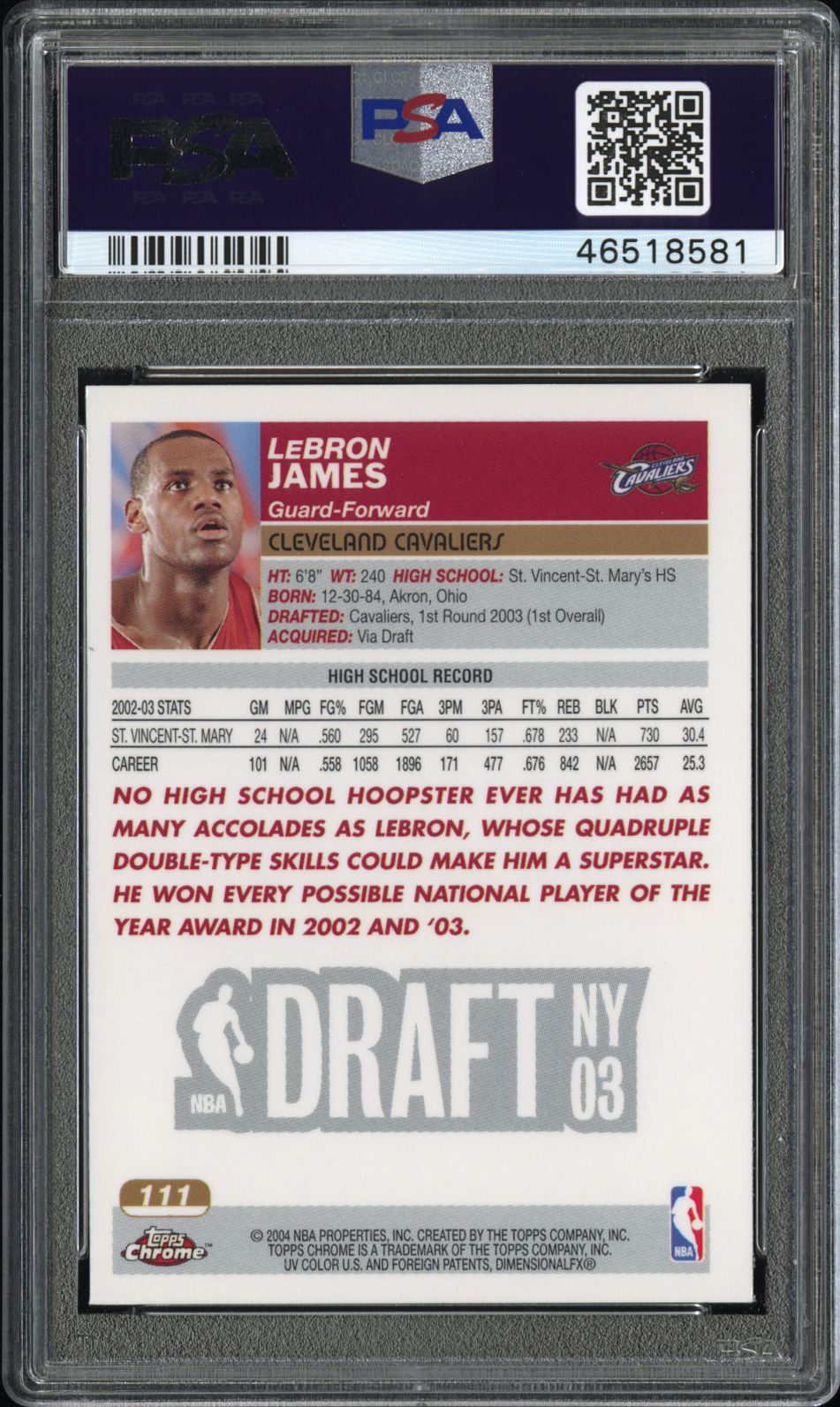 2003 Topps Chrome LeBron James #111 PSA 10
