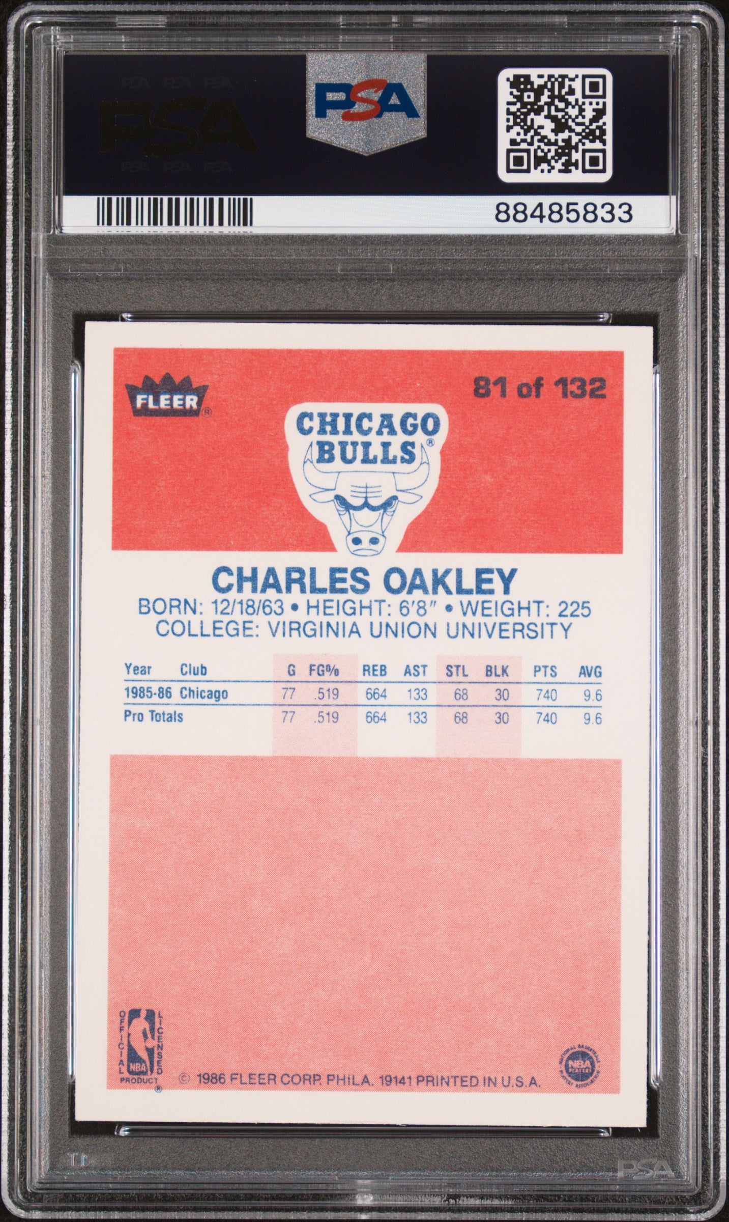 1986 Fleer Charles Oakley #81 PSA 9