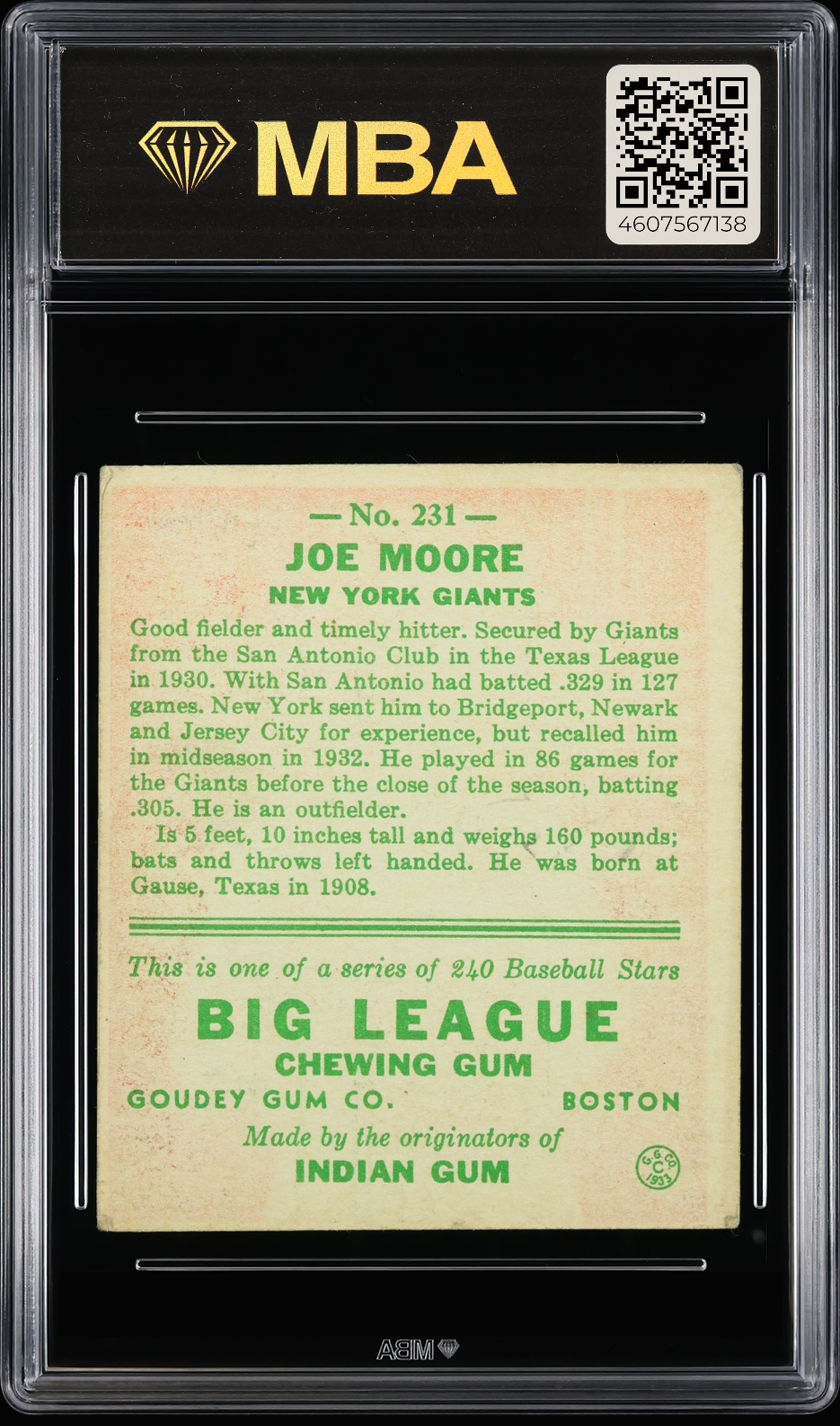 1933 Goudey Joe Moore #231 MBA 3
