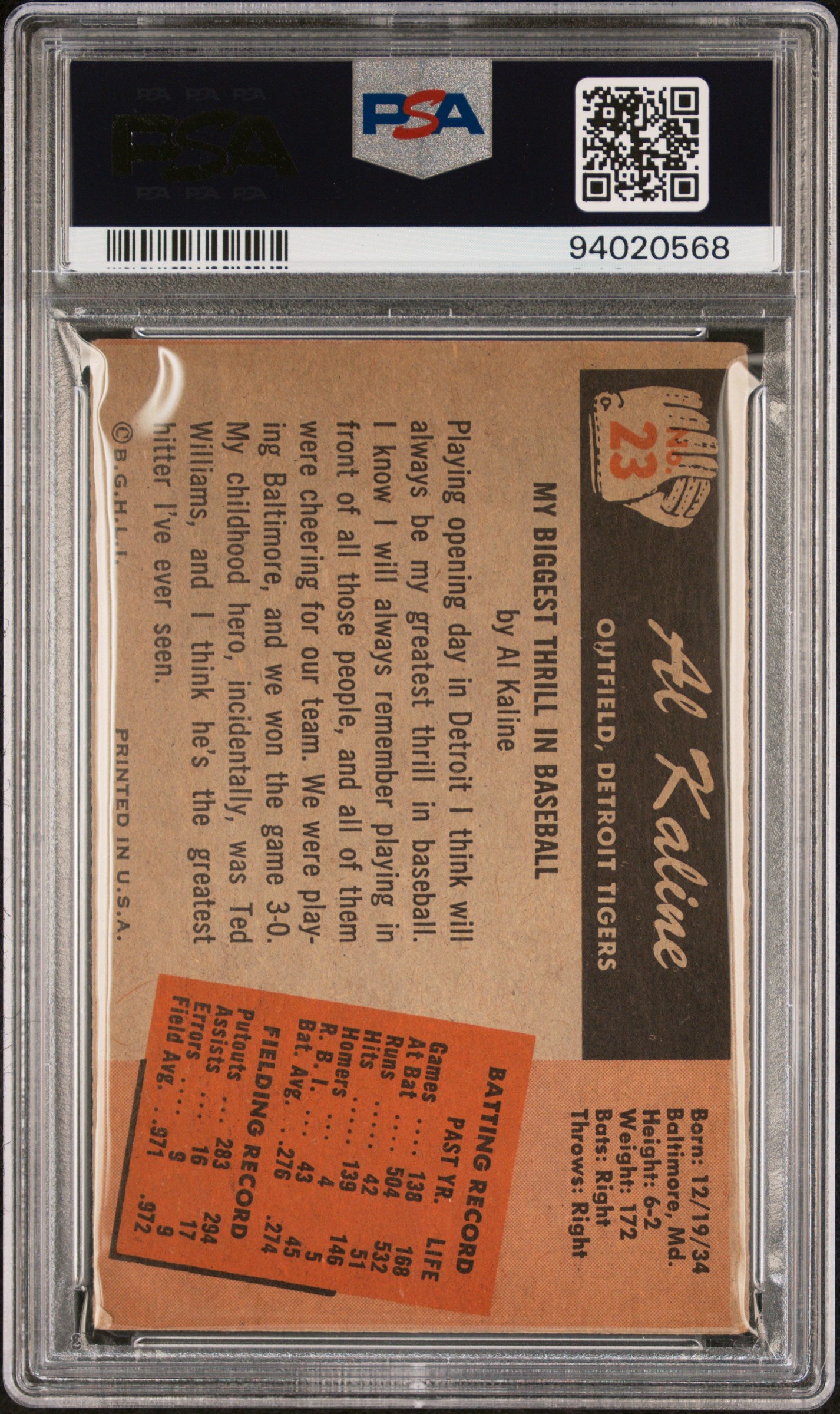 1955 Bowman Al Kaline #23 PSA 3.5