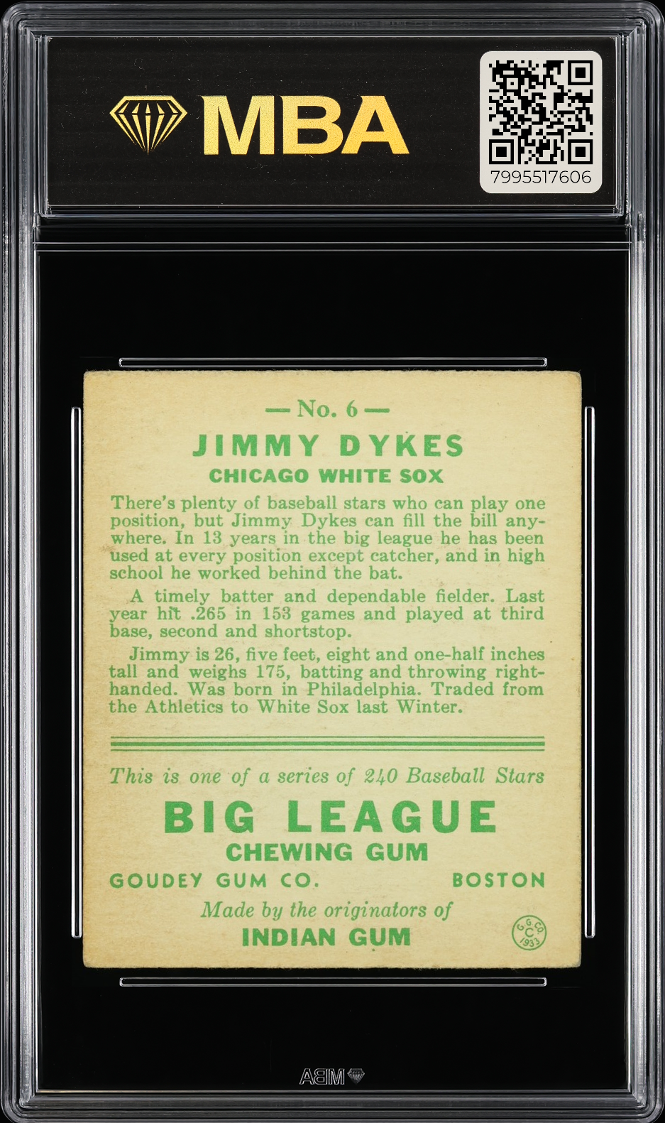1933 Goudey Jimmy Dykes #6 Age 26 in Bio MBA 3