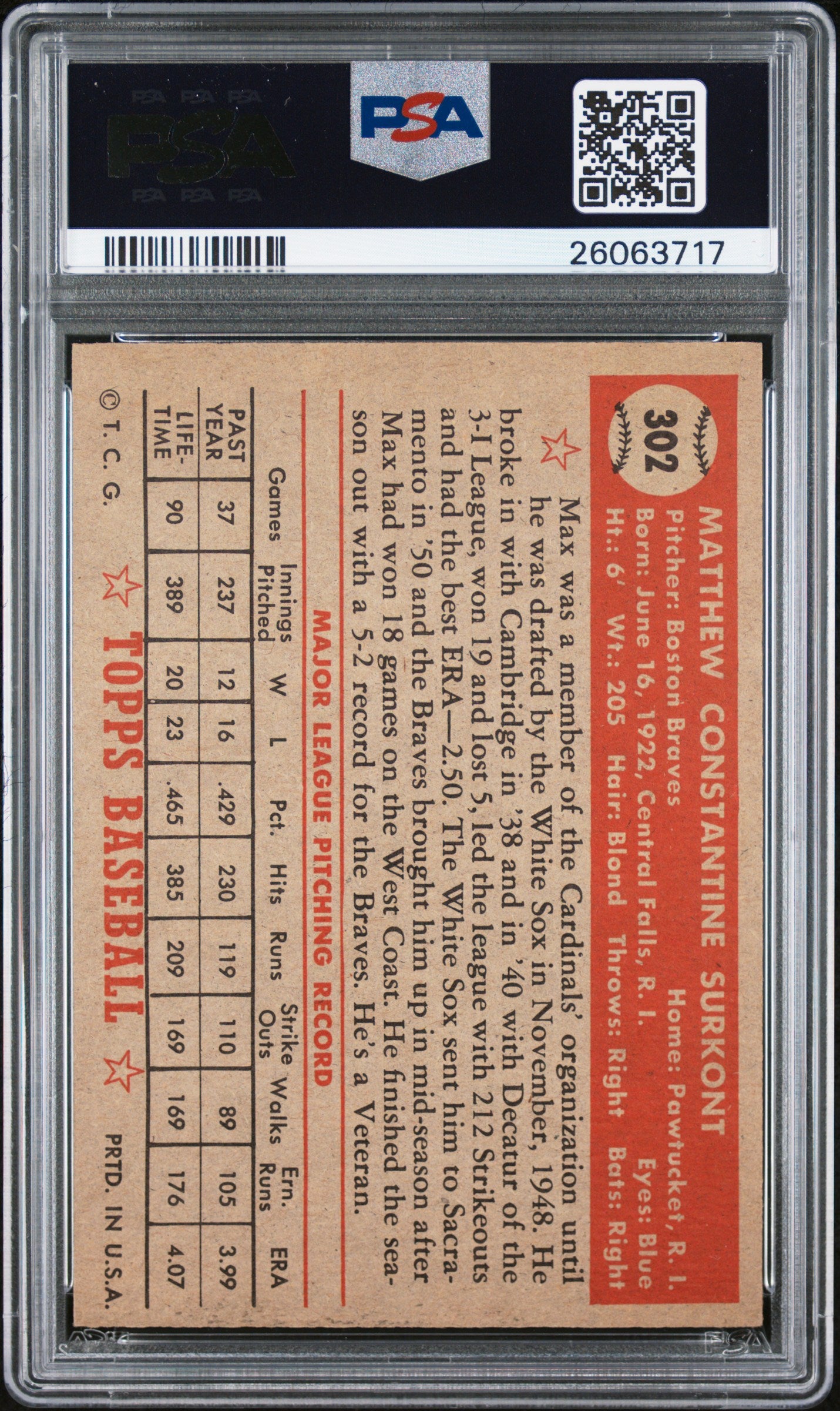 1952 Topps Max Surkont #302 PSA 7