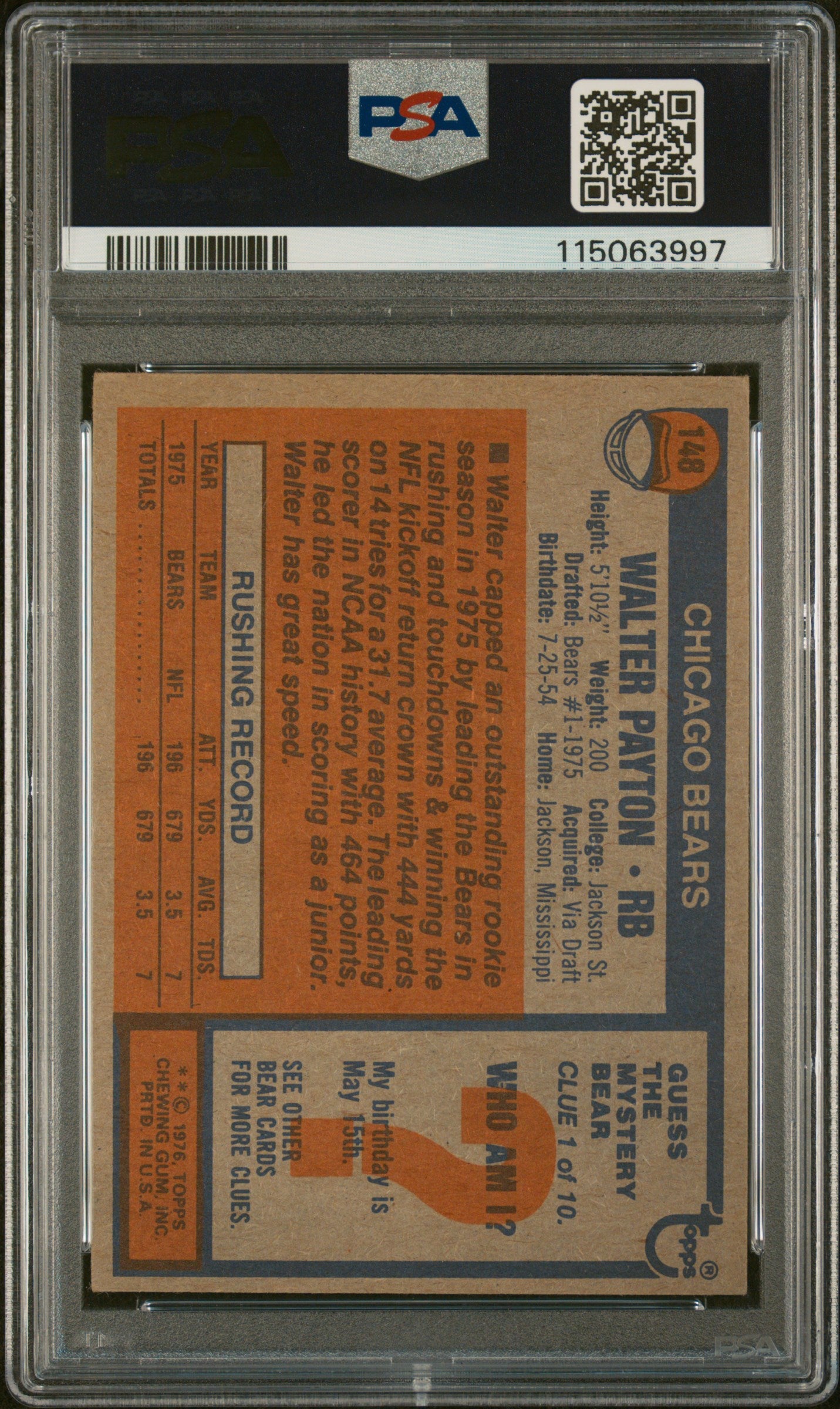 1976 Topps Walter Payton #148 PSA 5