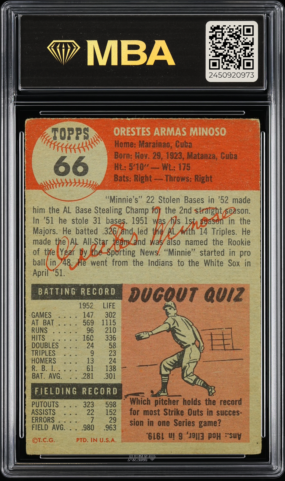 1953 Topps Orestes Minoso #66 MBA 3.5