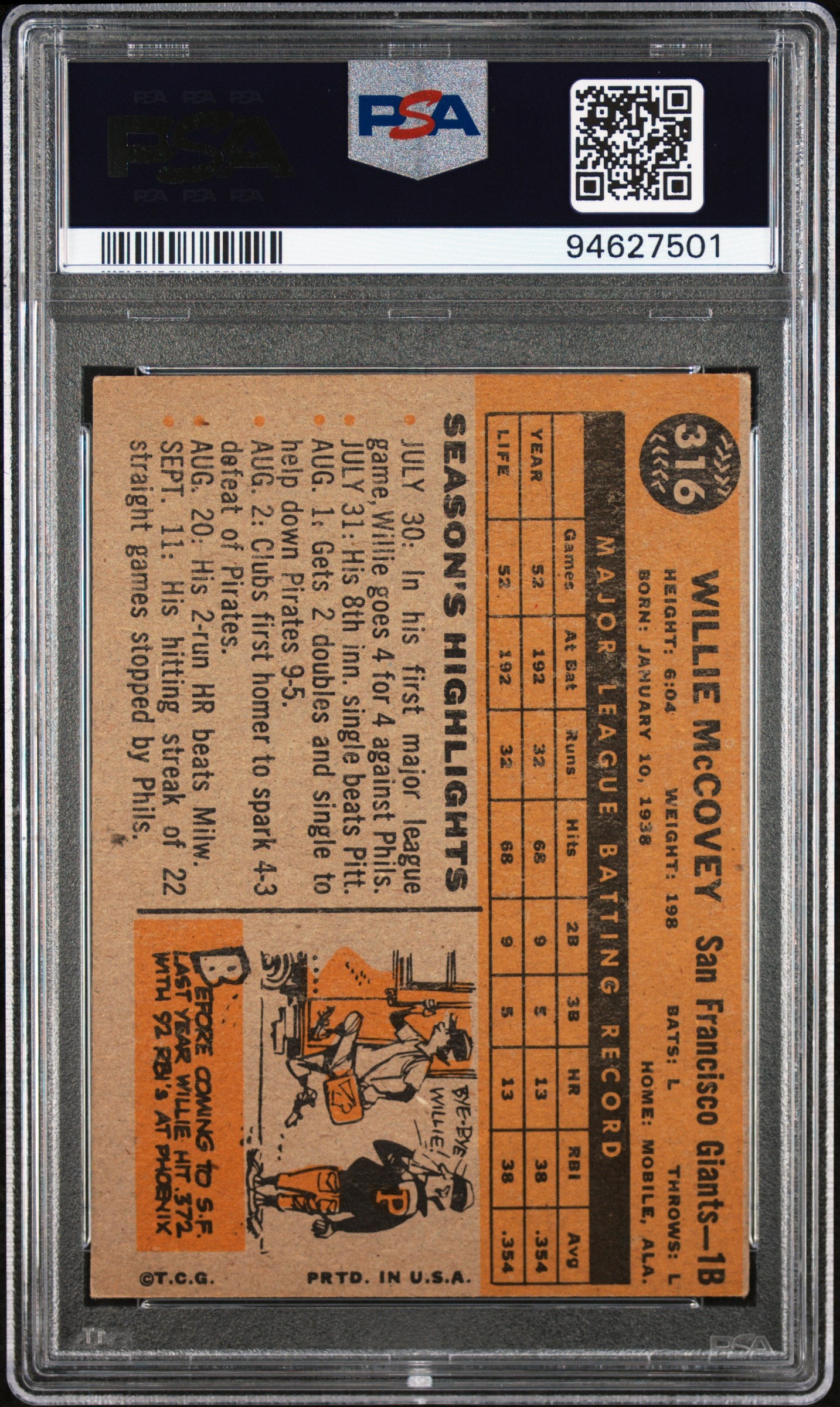 1960 Topps Willie Mccovey #316 All Star Rookie PSA 4