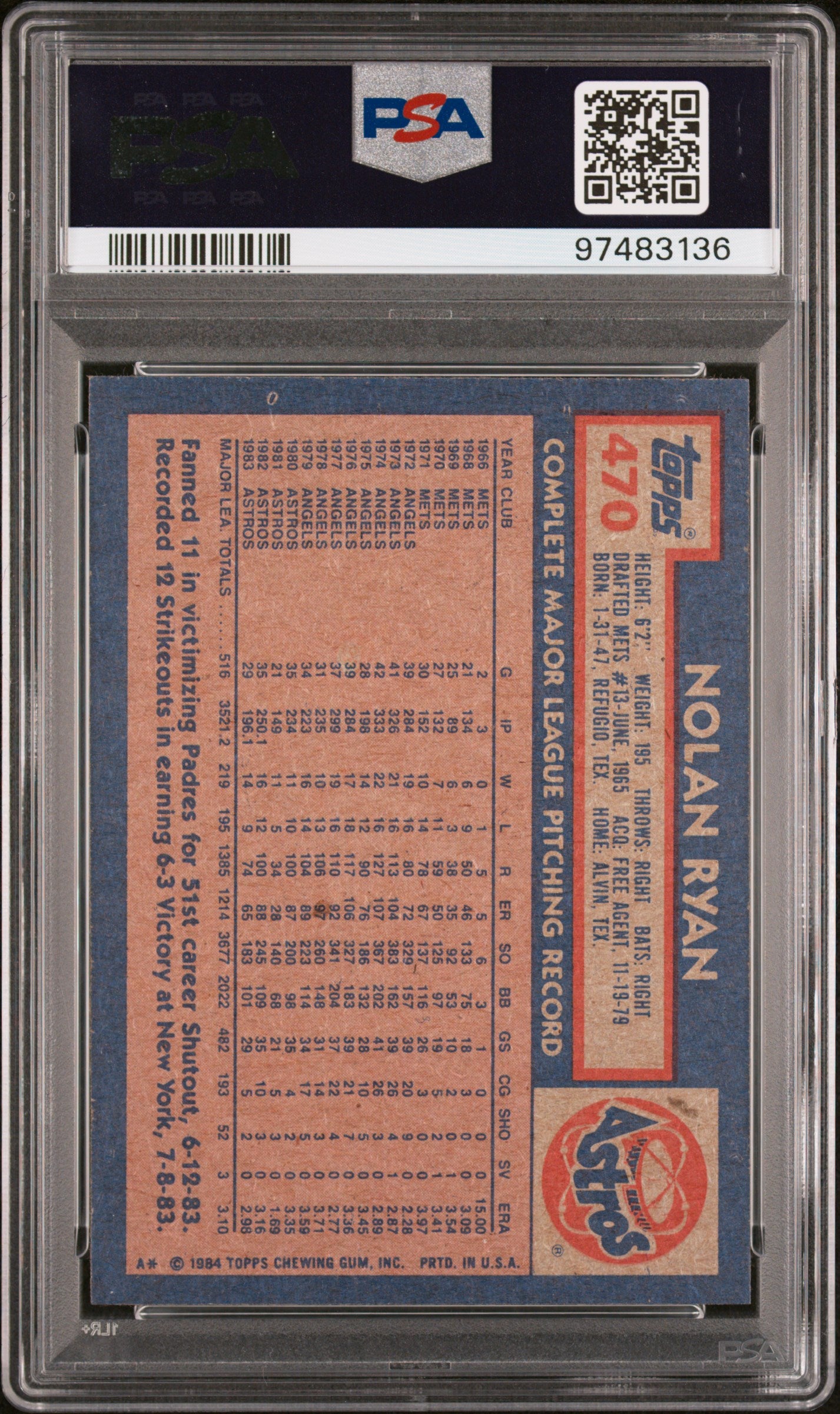 1984 Topps Nolan Ryan #470 PSA 9