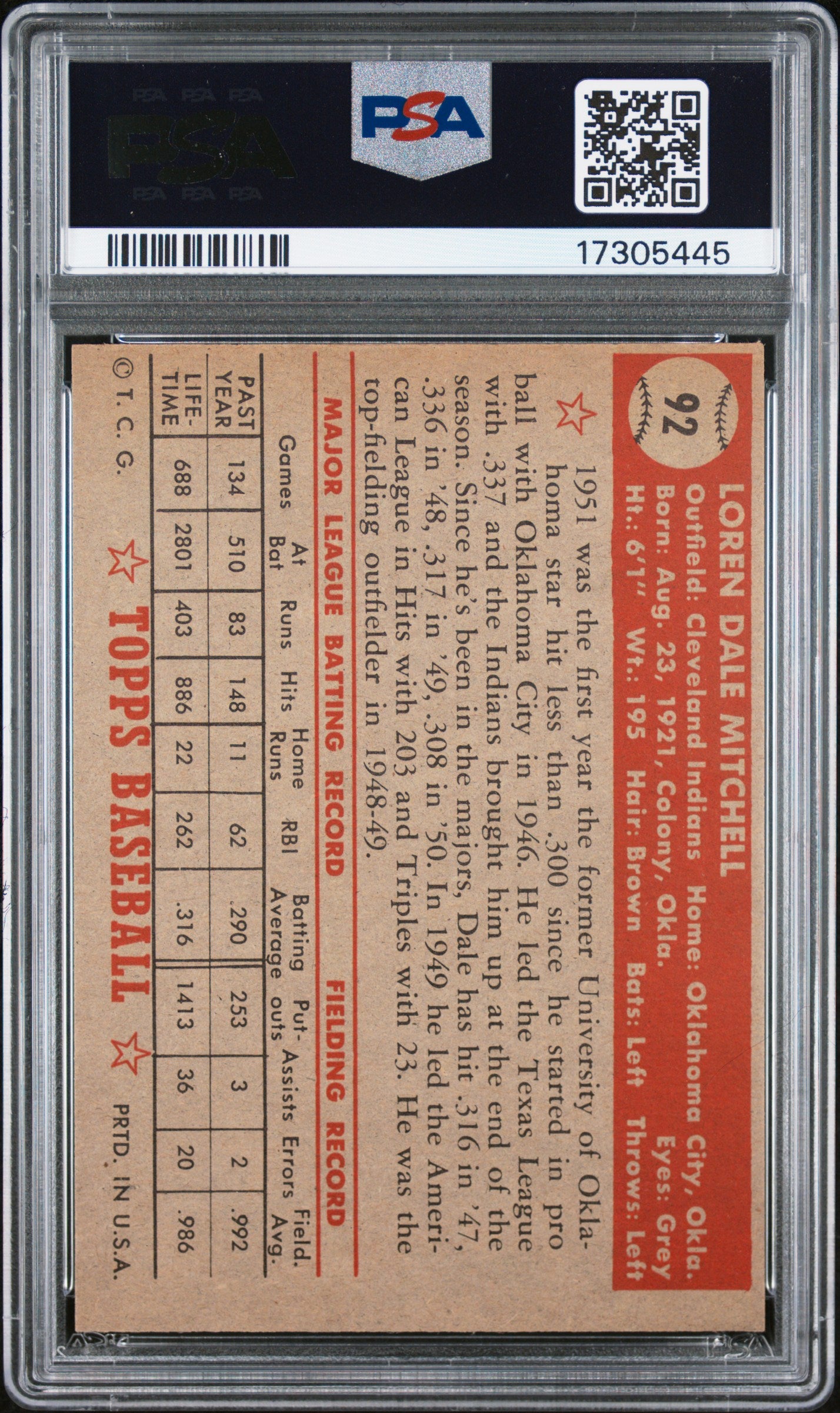 1952 Topps Dale Mitchell #92 PSA 7