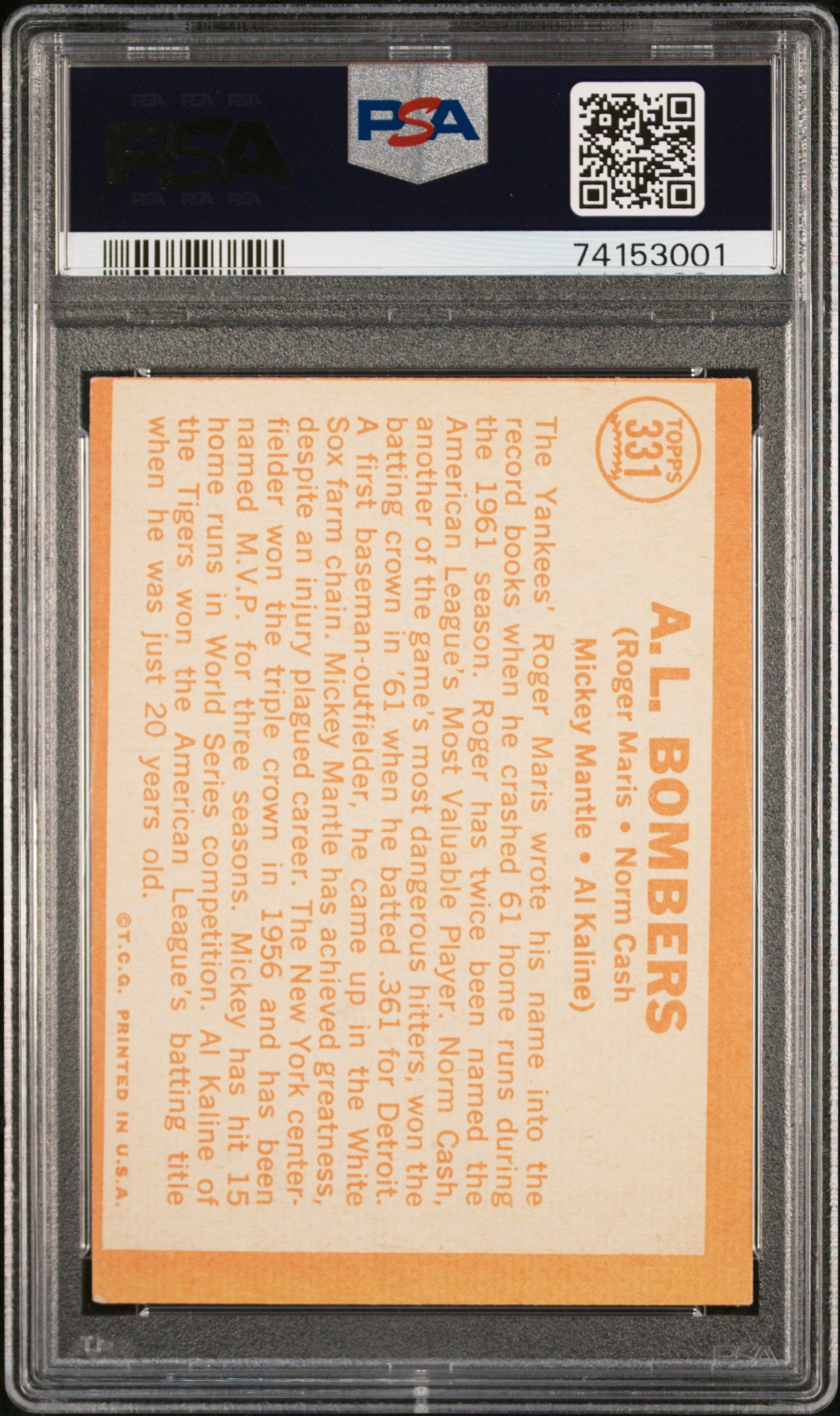 1964 Topps A. L. Bombers #331 Maris Cash Mantle Kaline PSA 2