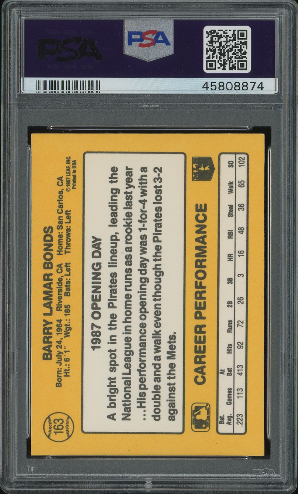 1987 Donruss Opening Day Barry Bonds #163 Dark Jersey Johnny Ray PSA 9