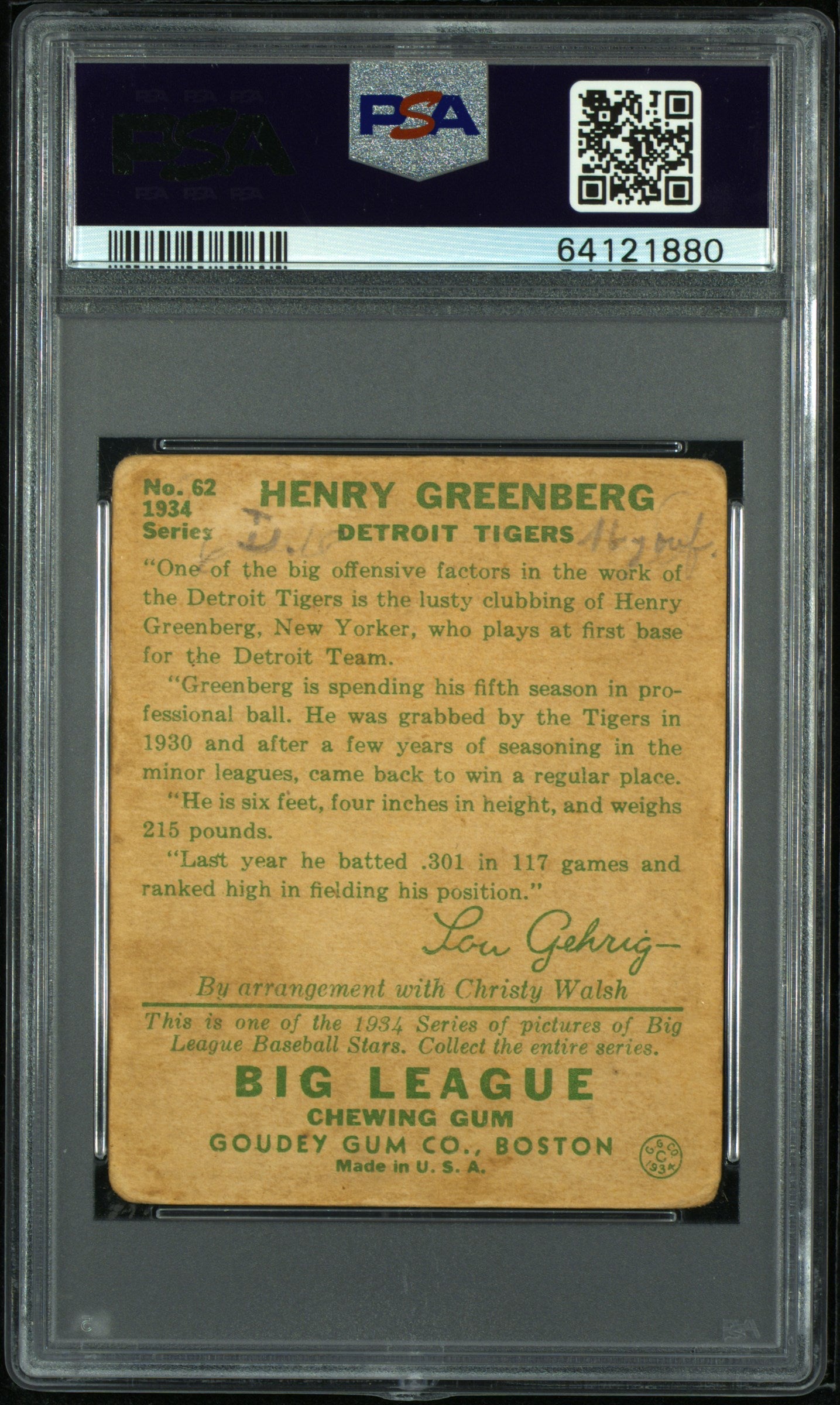 1934 Goudey Hank Greenberg #62 PSA 1.5 MK