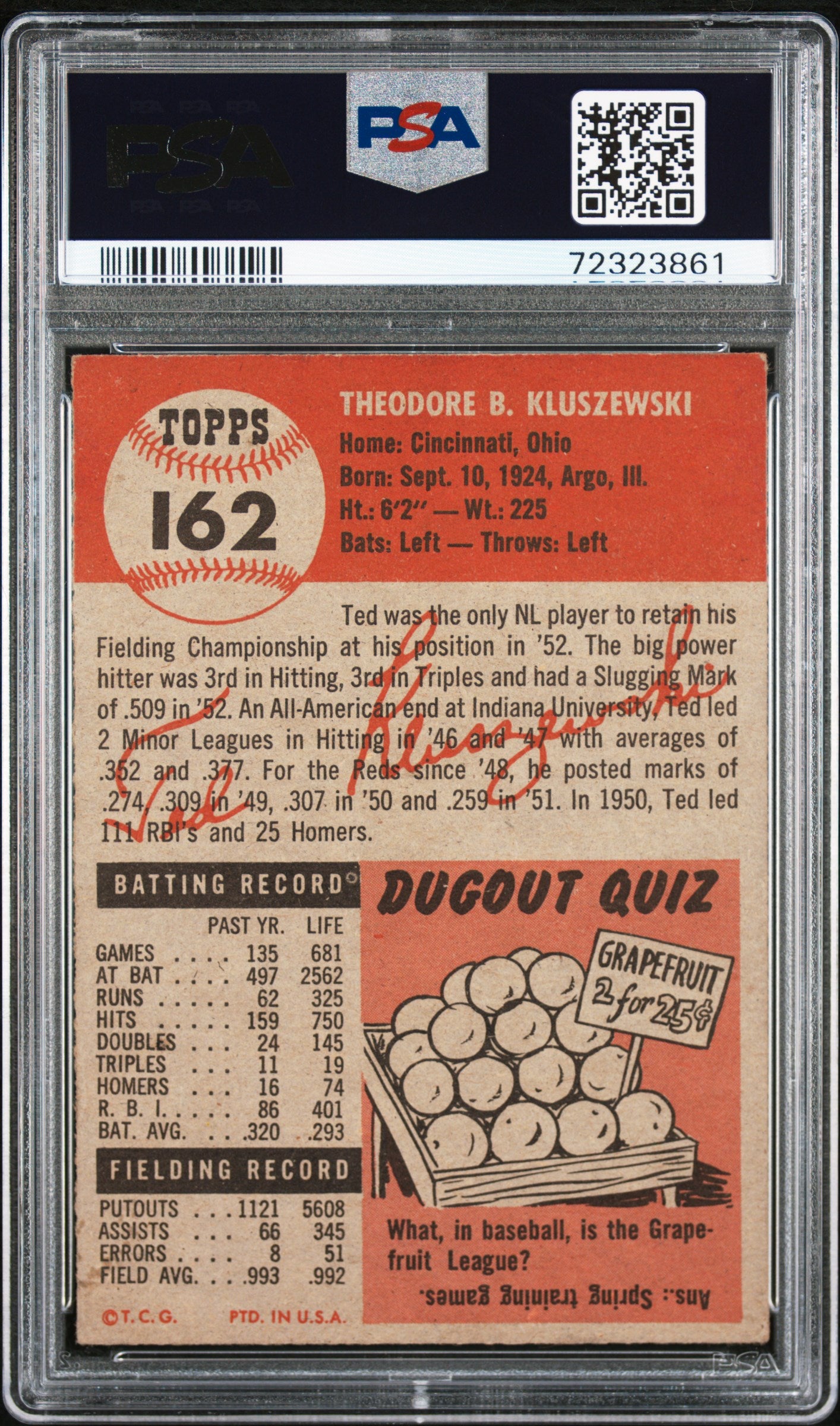 1953 Topps Ted Kluszewski #162 PSA A Auto A