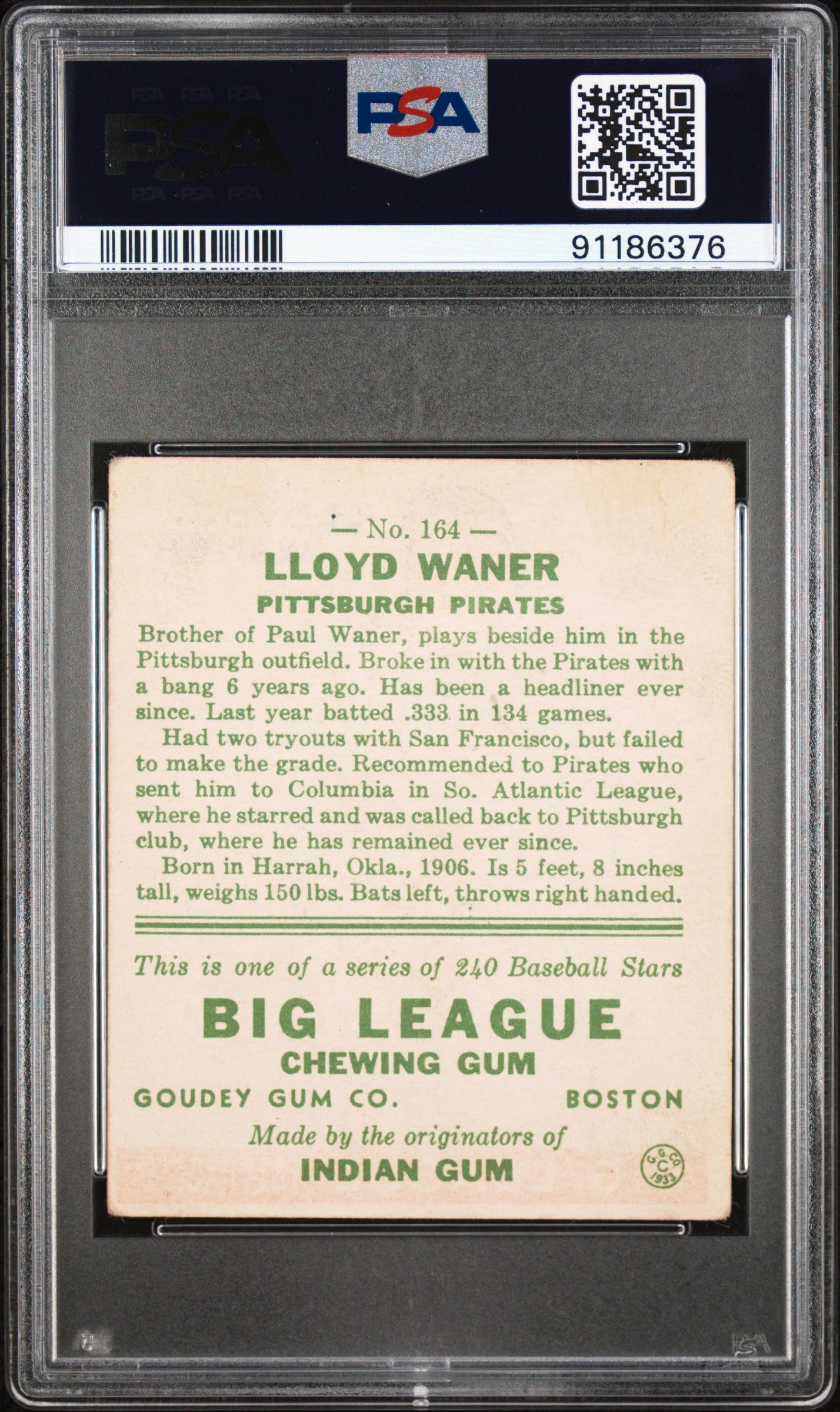 1933 Goudey Lloyd Waner #164 PSA 4