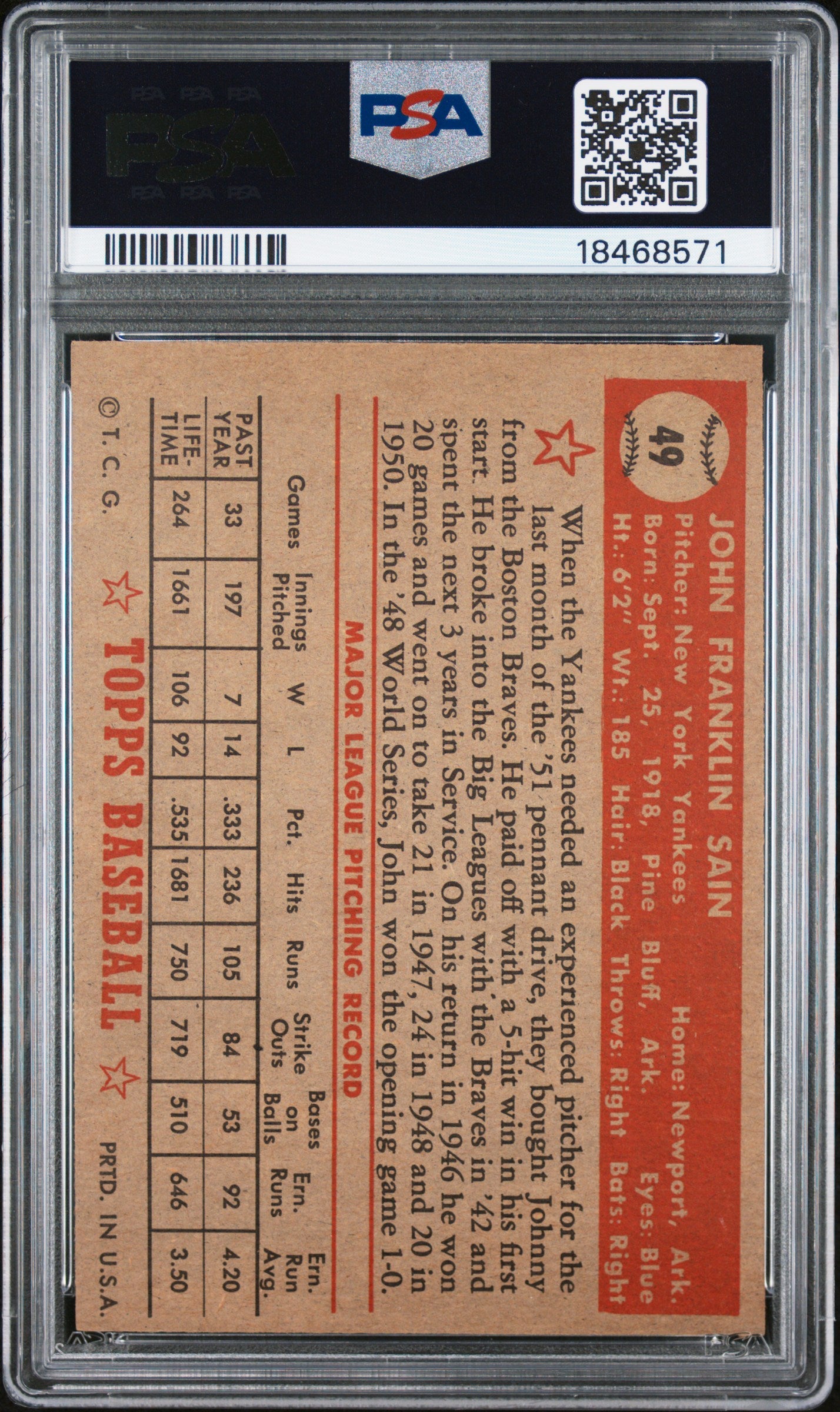 1952 Topps Johnny Sain #49 Correct Bio PSA 7