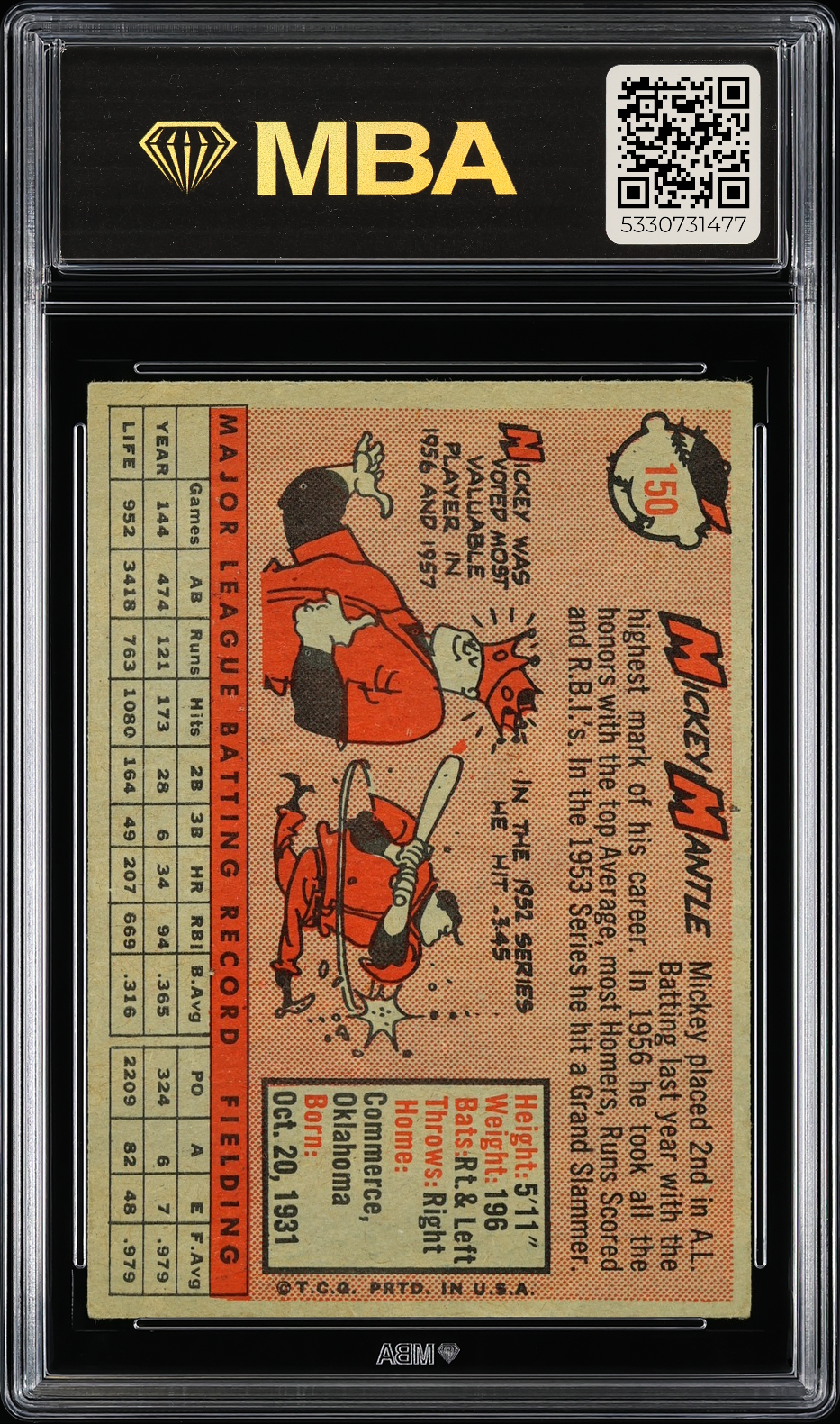 1958 Topps Mickey Mantle #150 MBA 3