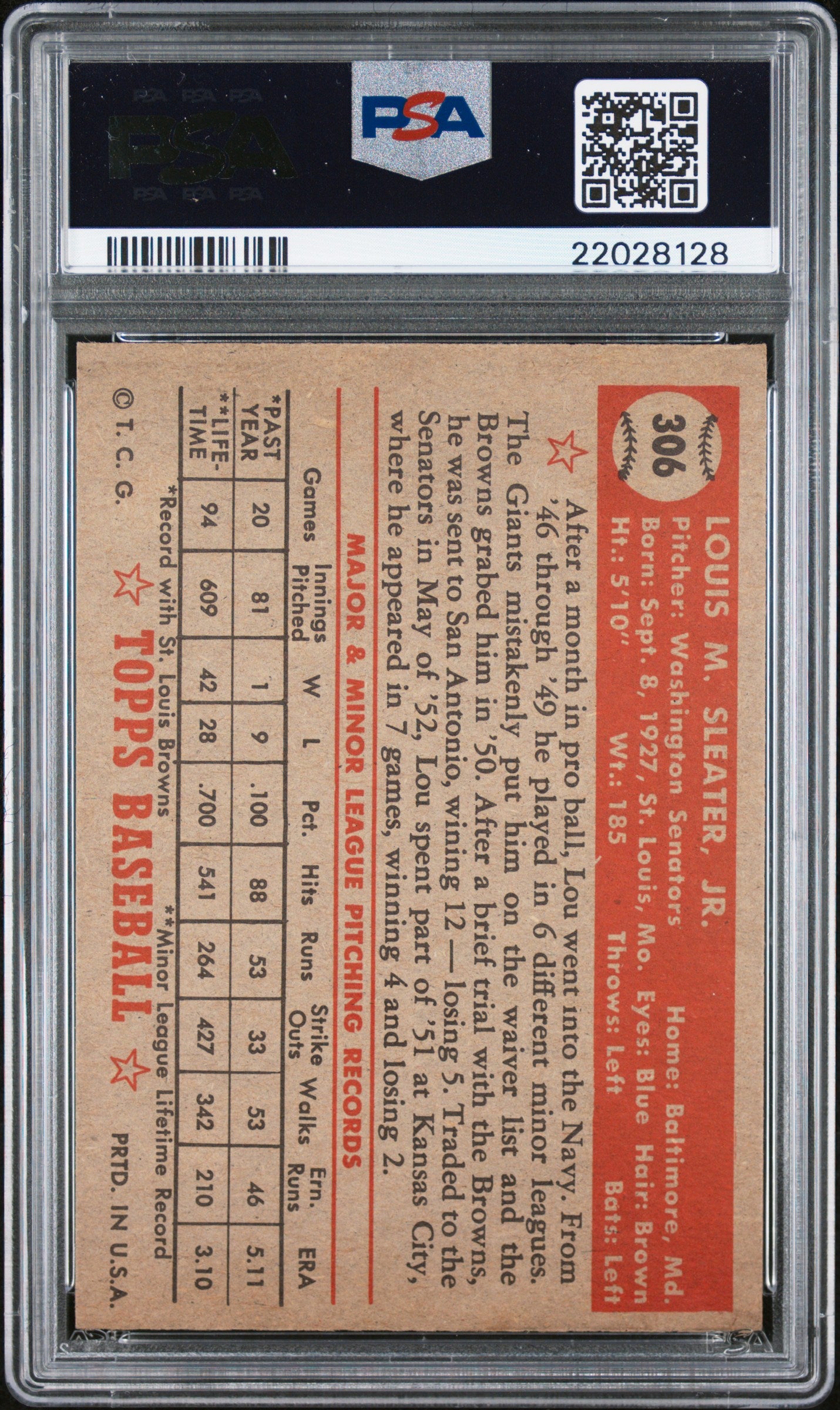 1952 Topps Lou Sleater #306 PSA 7