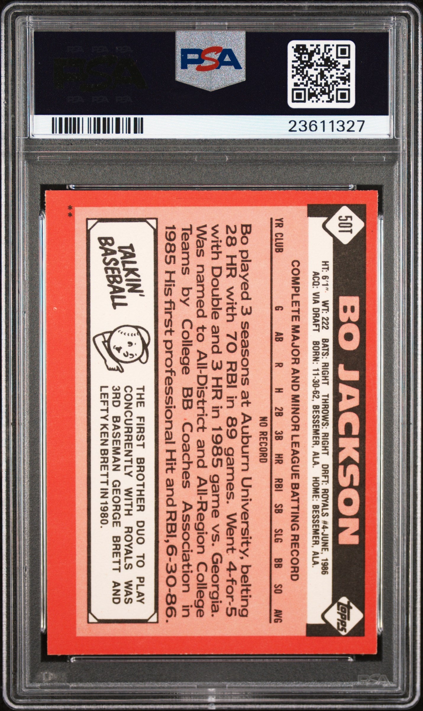 1986 Topps Traded Bo Jackson #50T PSA 10