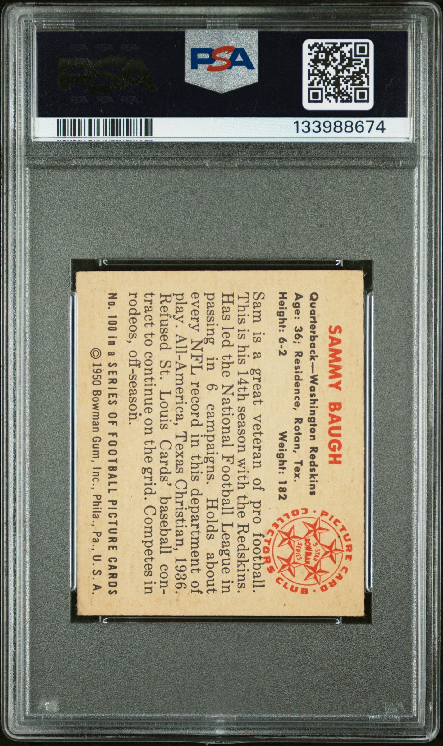 1950 Bowman Sammy Baugh #100 PSA 5