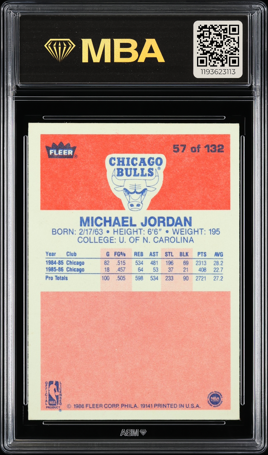 1986 Fleer Michael Jordan #57 MBA Authentic Altered