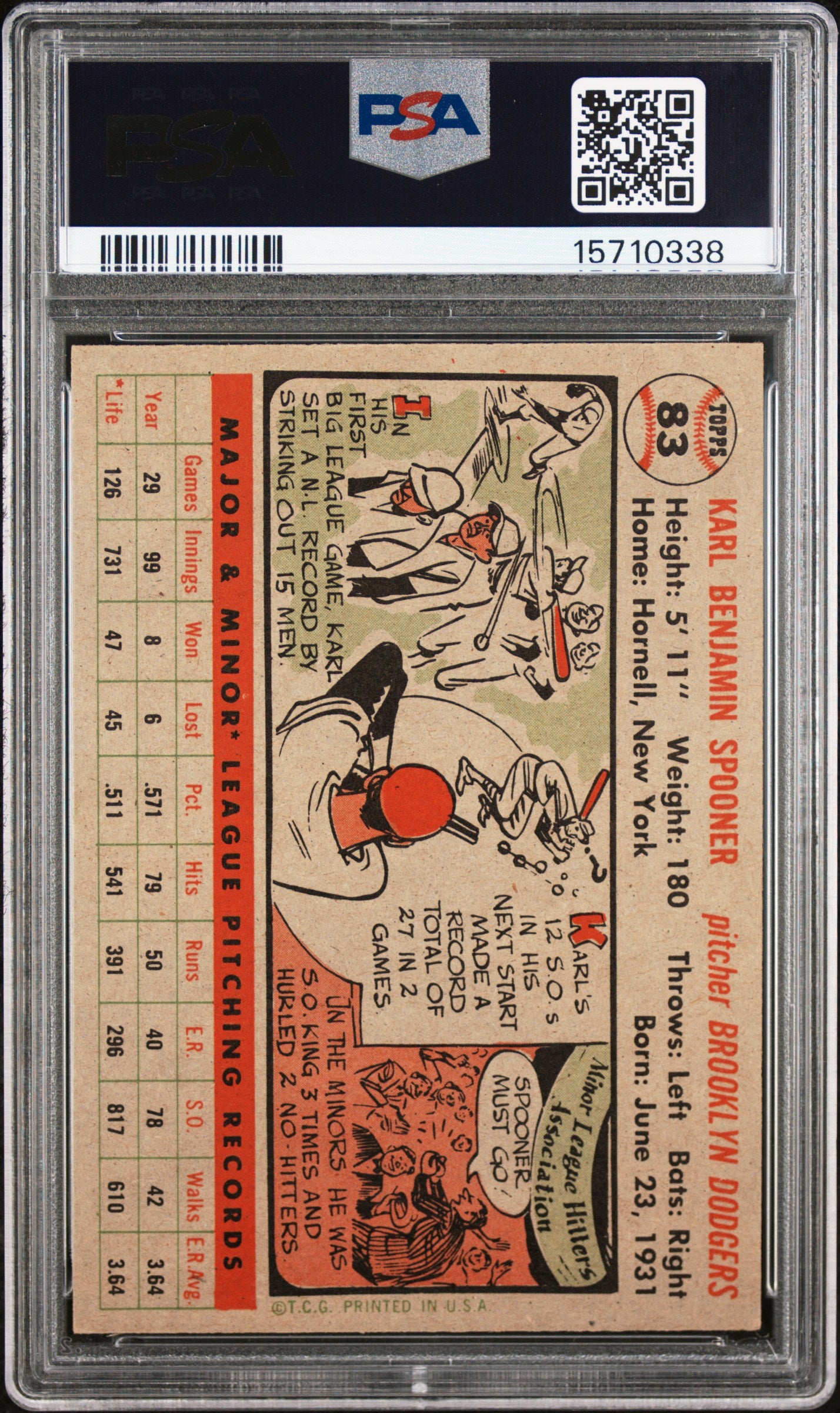 1956 Topps Karl Spooner #83 Gray Back PSA 8