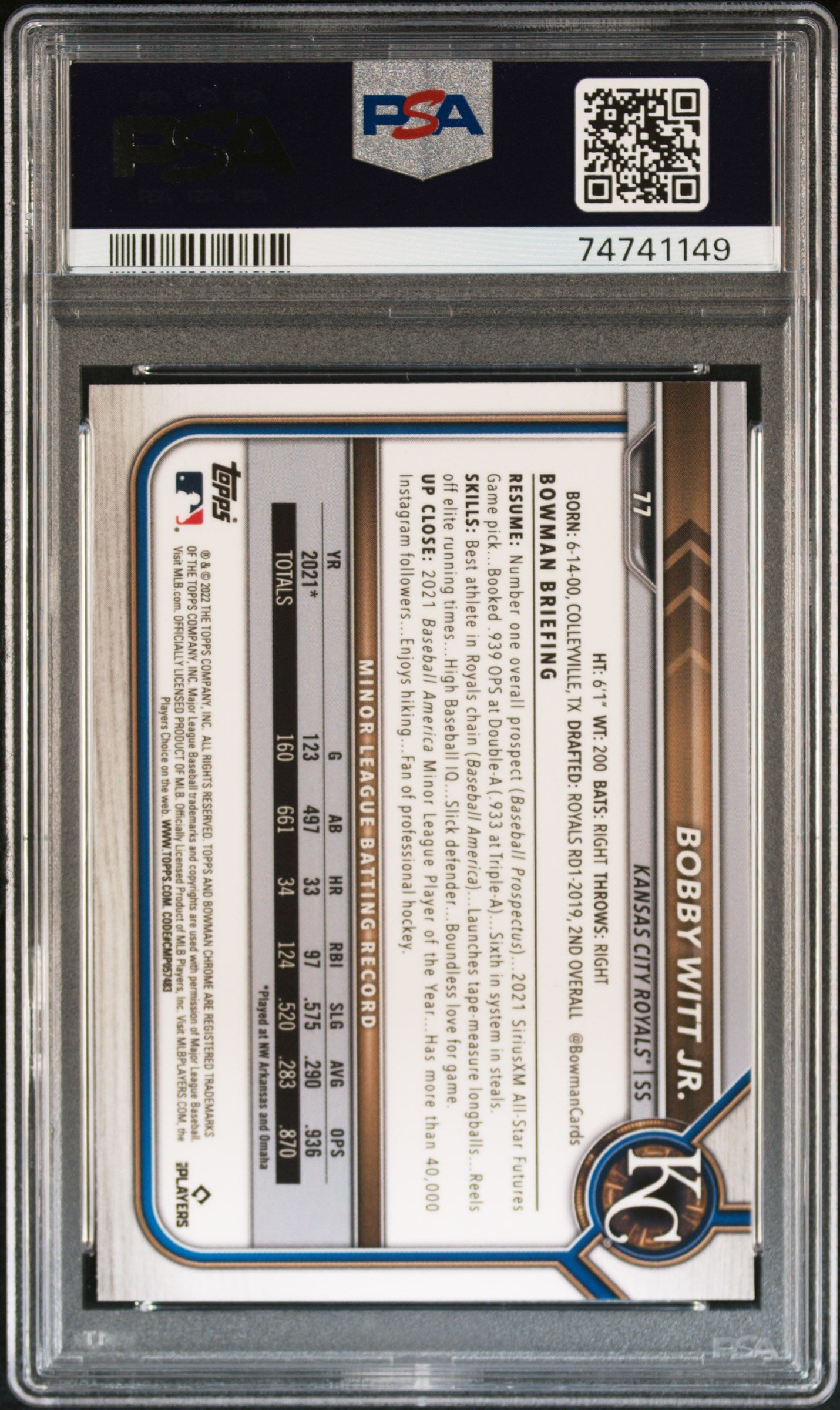 2022 Bowman Chrome Sapphire Edition Bobby Witt JR. #77 PSA 10