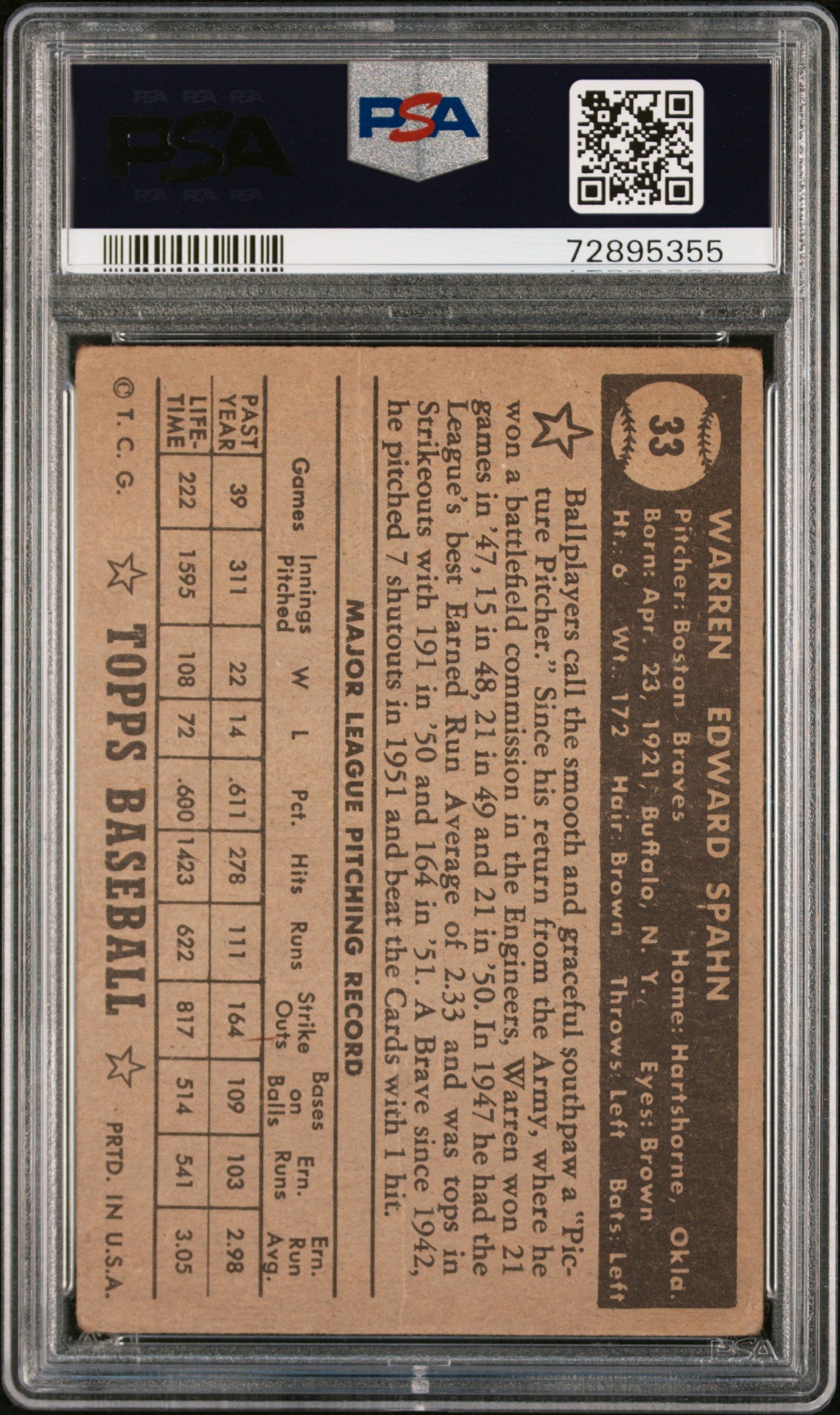 1952 Topps Warren Spahn #33 Black Back PSA 1