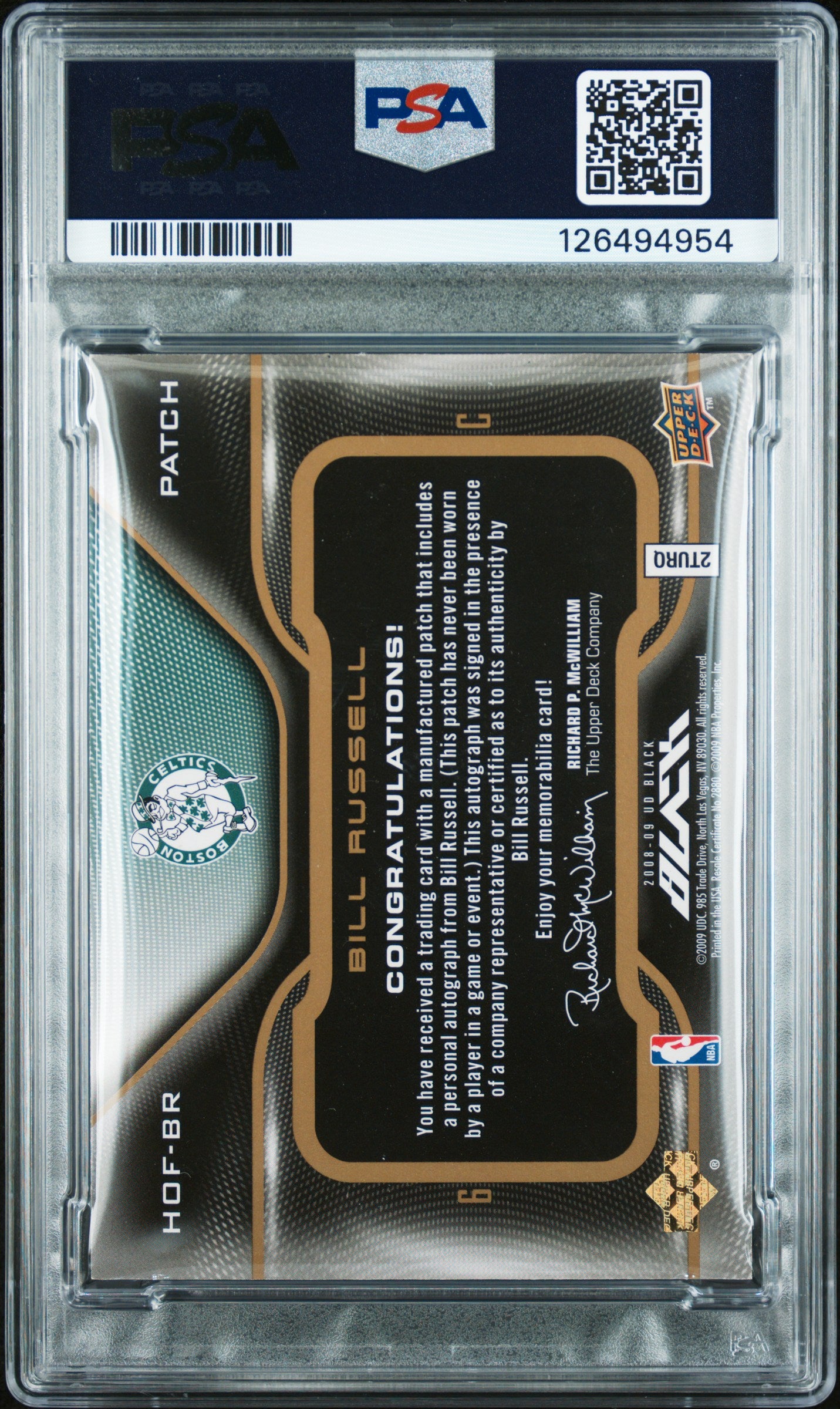 2008 Upper Deck Black Hof Letters Autograph Bill Russell #HOFBR PSA 8 4/4 Auto 8