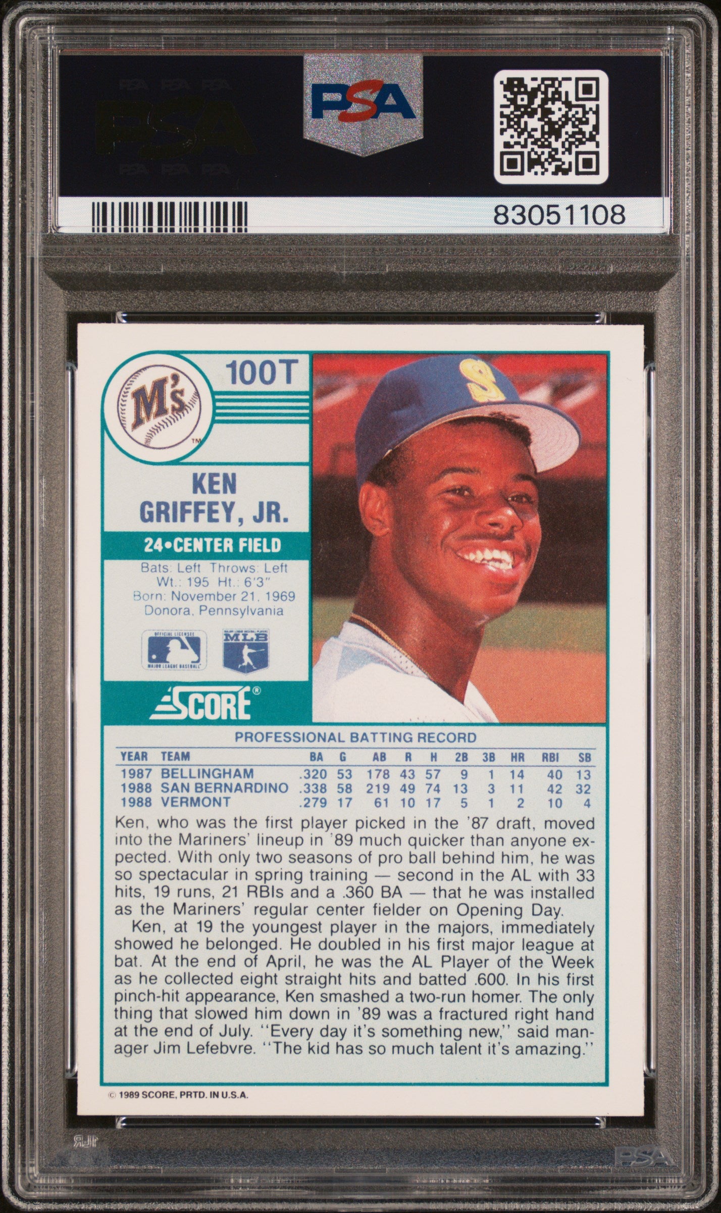 1989 Score Traded Ken Griffey JR. #100T PSA 10