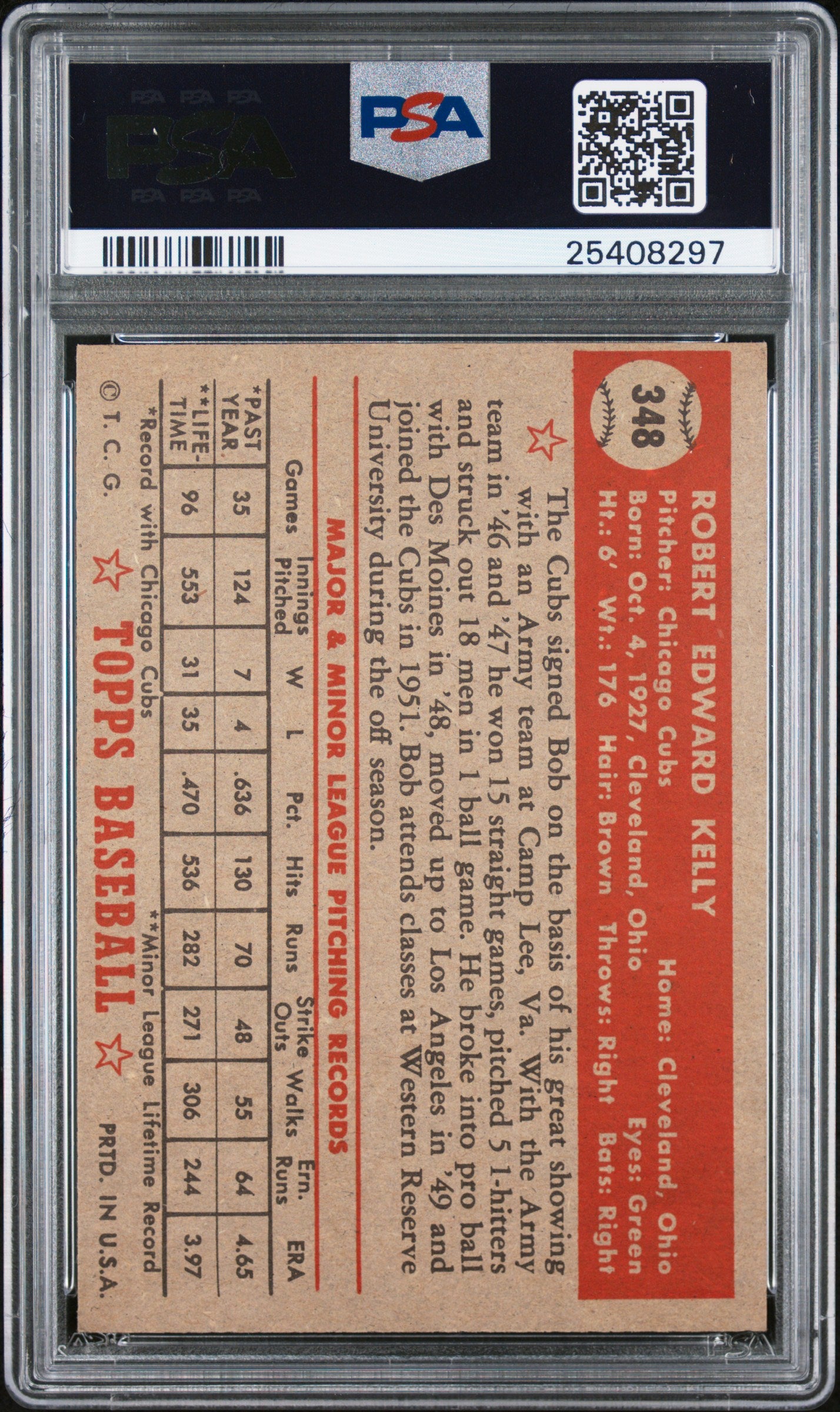 1952 Topps Bob Kelly #348 PSA 7