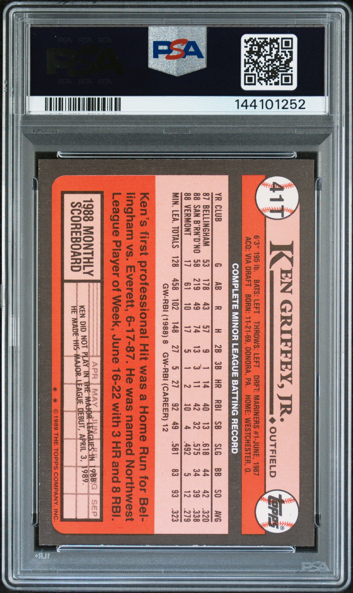 1989 Topps Traded Ken Griffey JR. #41T PSA 9 Auto 10