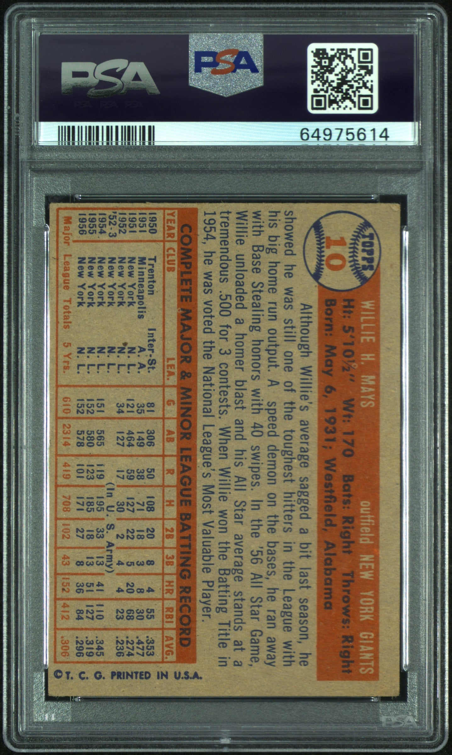1957 Topps Willie Mays #10 PSA 4