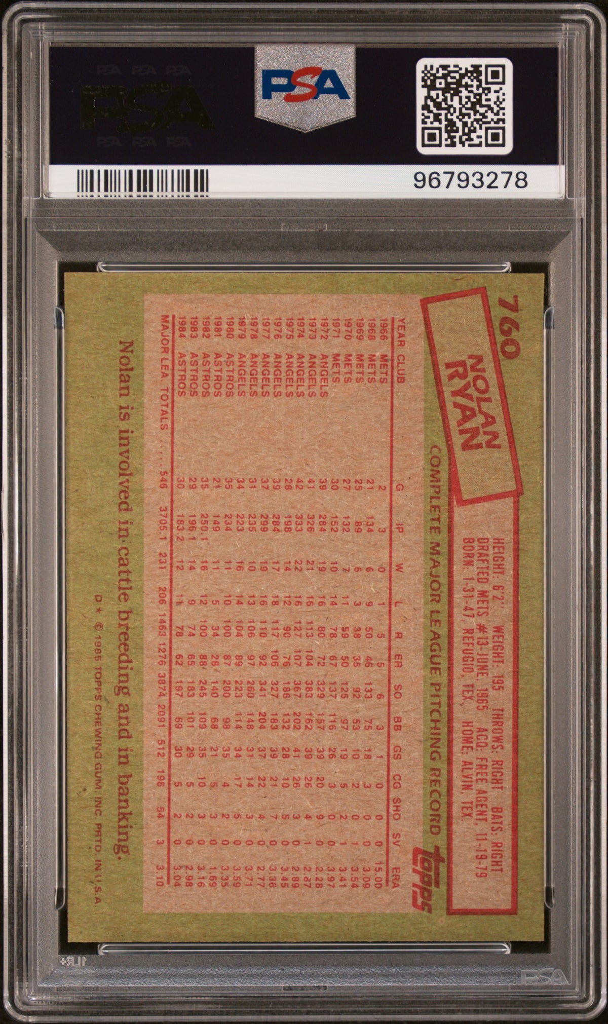 1985 Topps Nolan Ryan #760 PSA 10