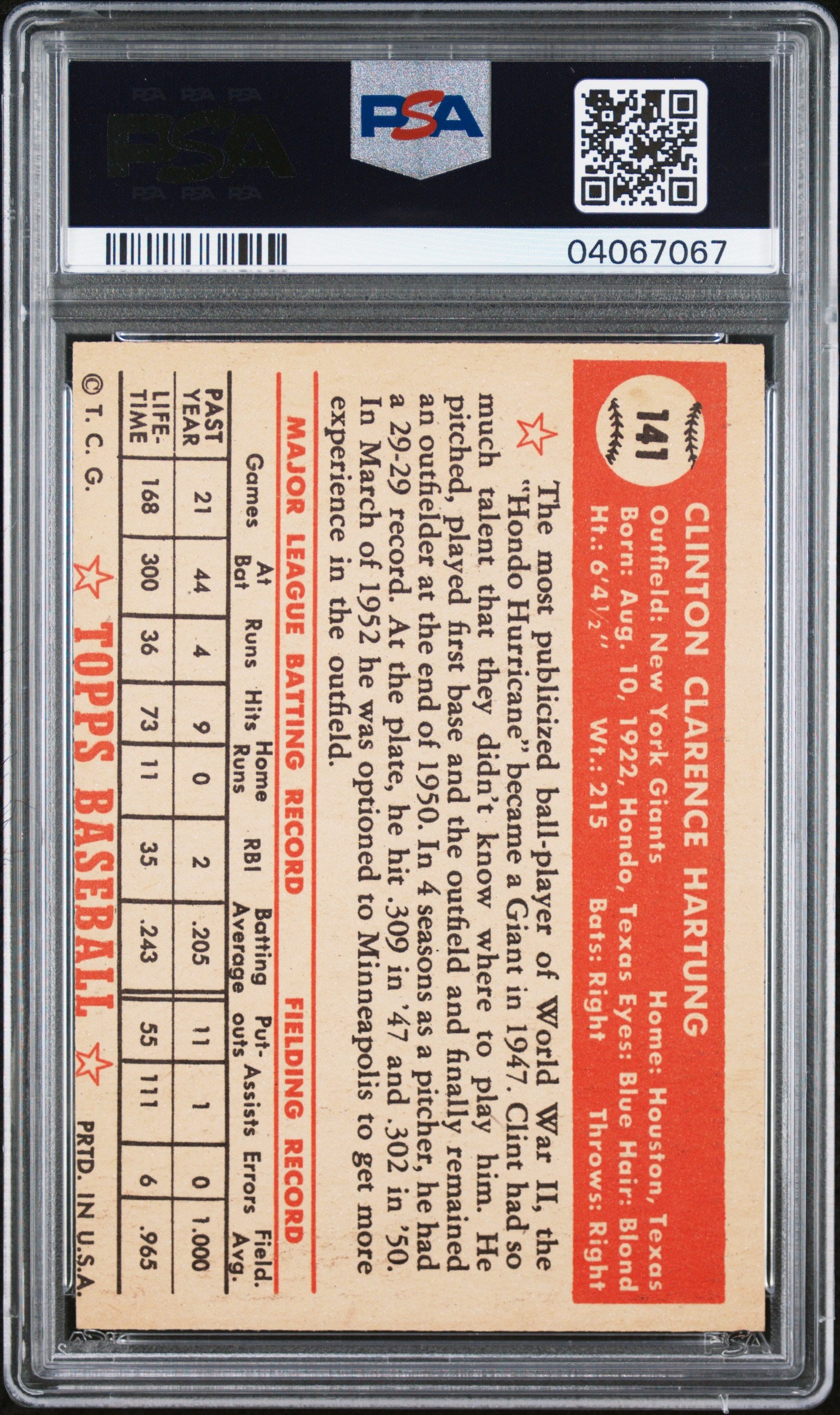 1952 Topps Clint Hartung #141 PSA 7