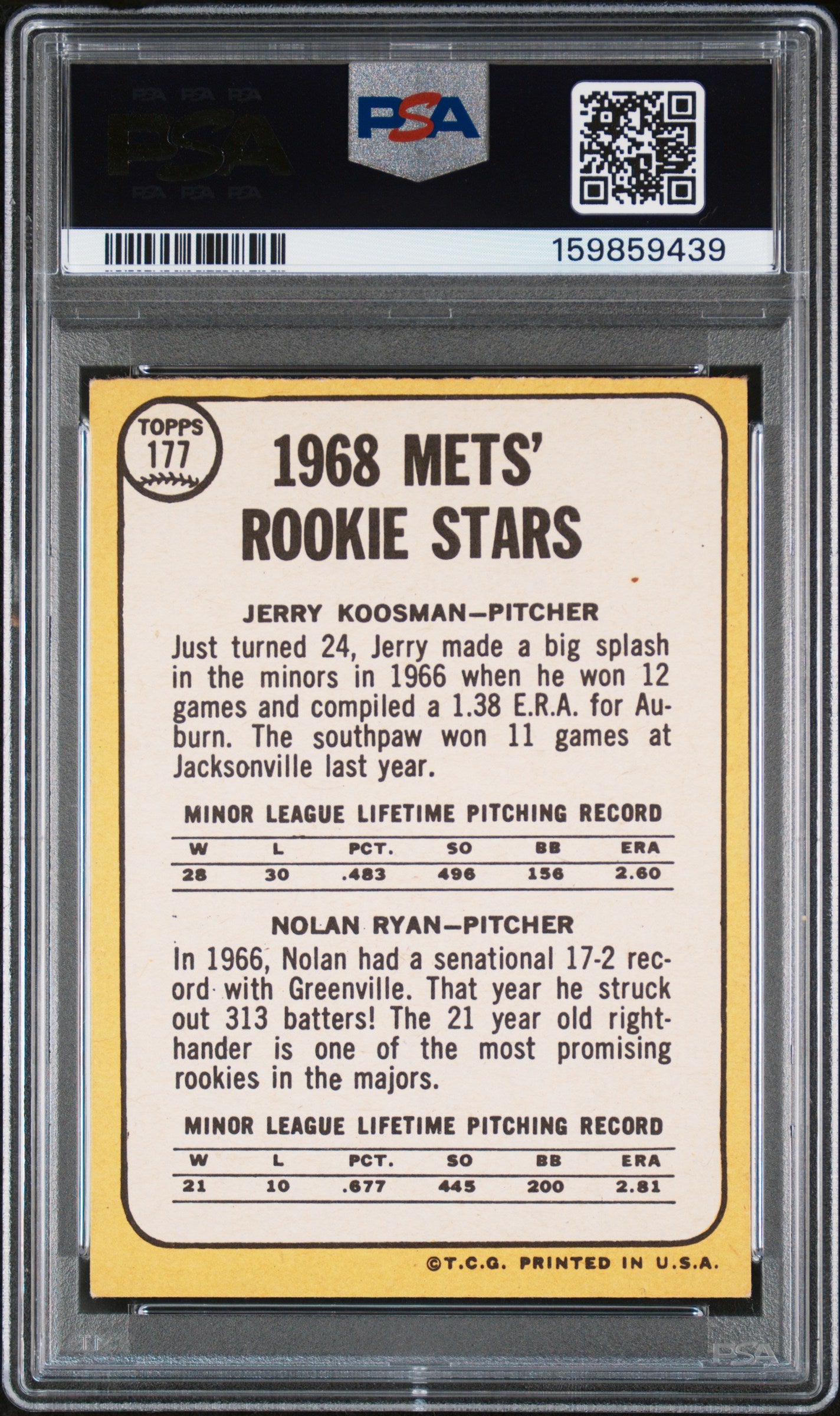1968 Topps Mets Rookies #177 J. Koosman N. Ryan PSA 5