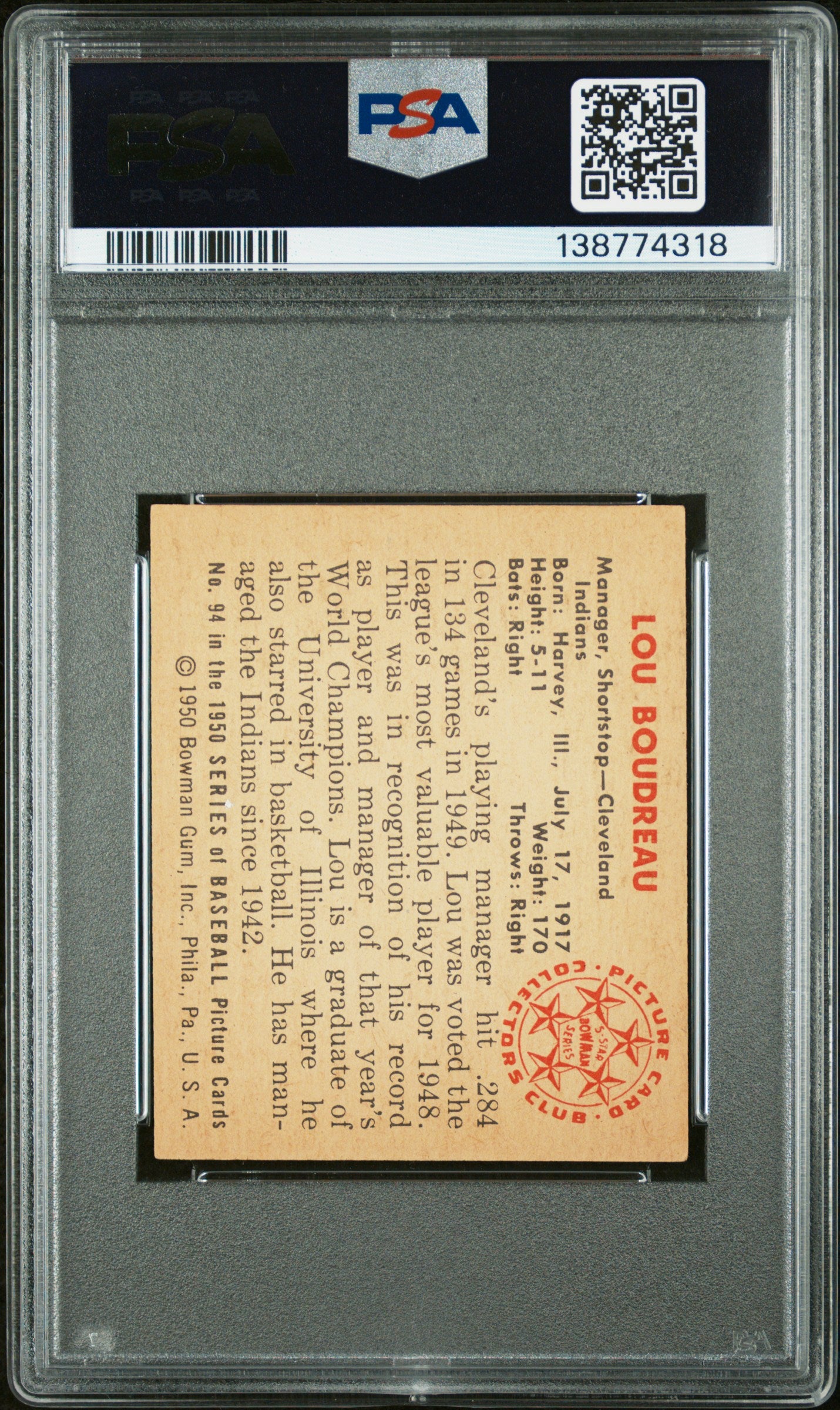 1950 Bowman Lou Boudreau #94 PSA 5