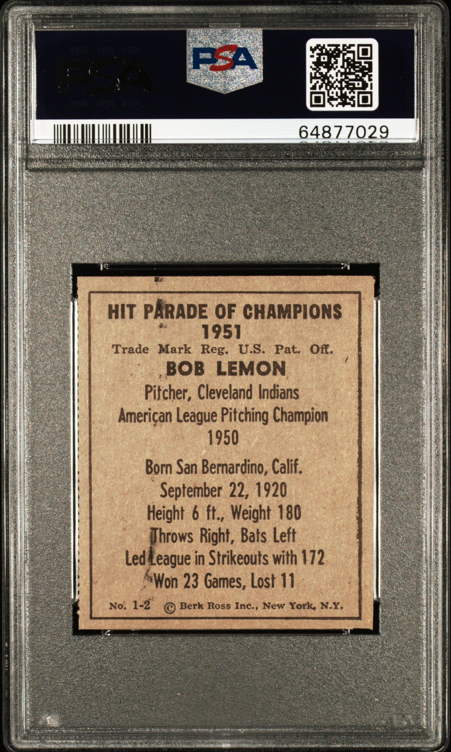 1951 Berk Ross Bob Lemon #1-2 PSA 7