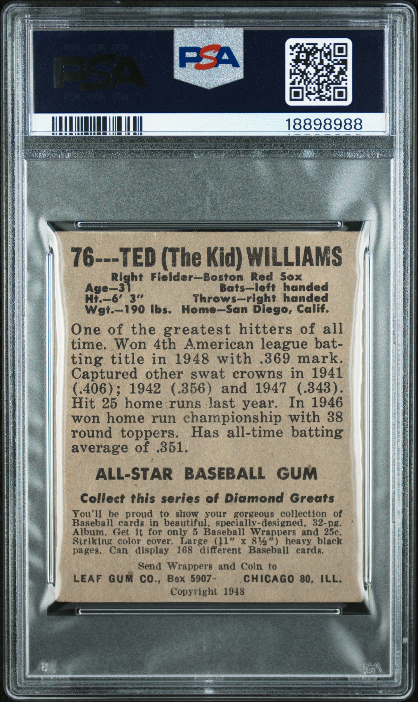 1948 Leaf Ted Williams #76 PSA 4
