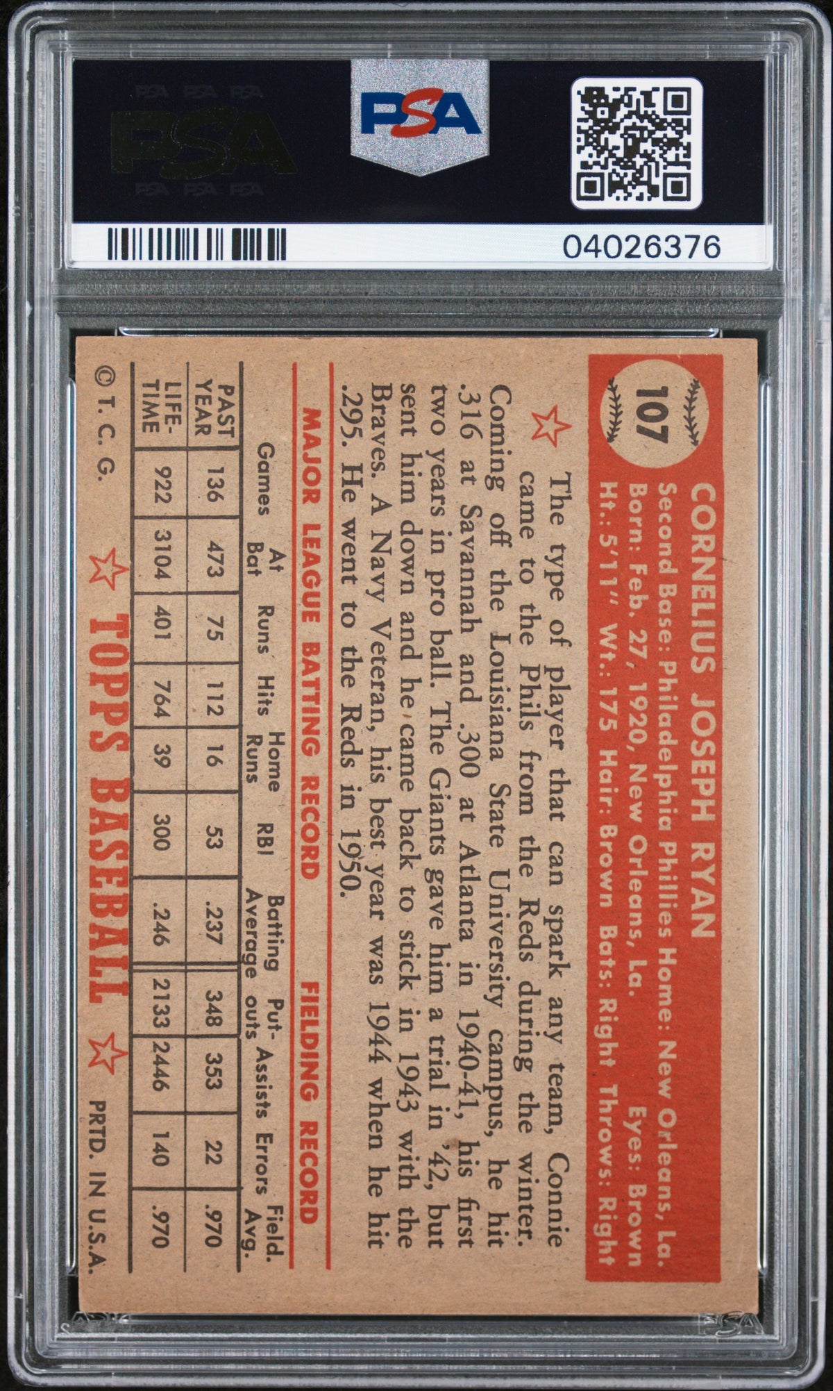 1952 Topps Connie Ryan #107 PSA 8