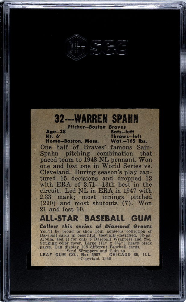 1948 Leaf Gum Co. Warren Spahn #32 SGC 8.5