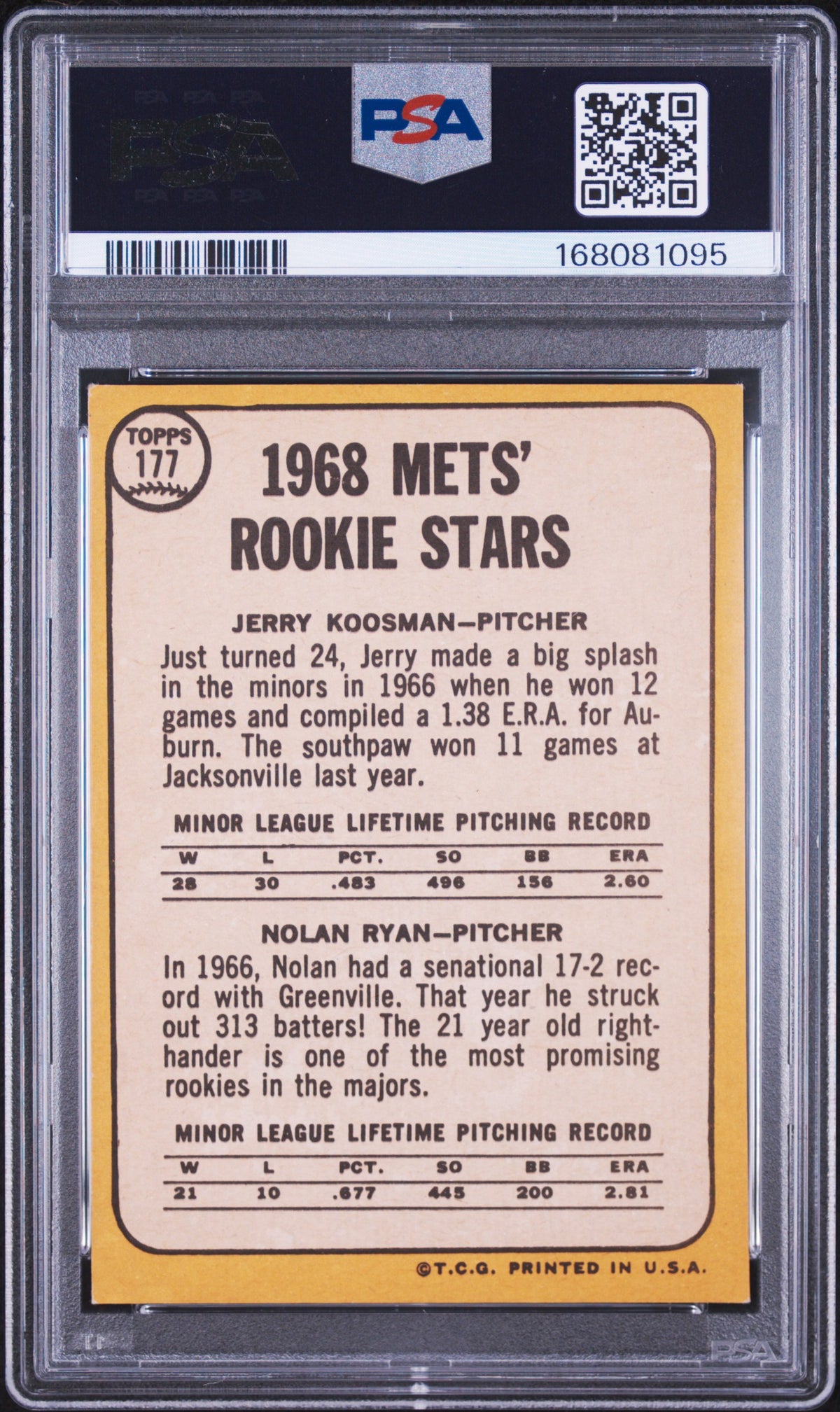 1968 Topps Mets Rookies #177 J. Koosman N. Ryan PSA 4
