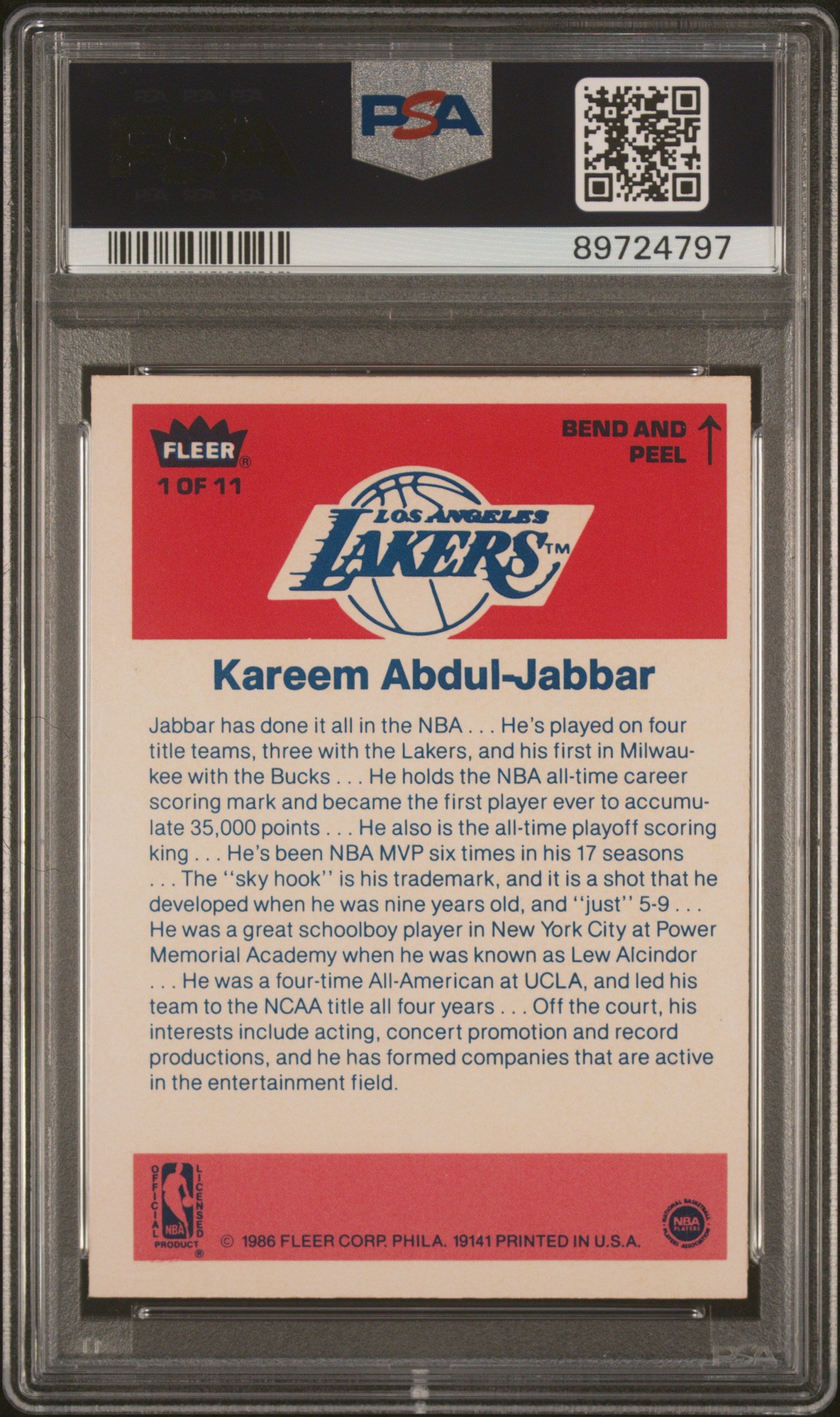 1986 Fleer Sticker K. Abdul-Jabbar #1 PSA 8
