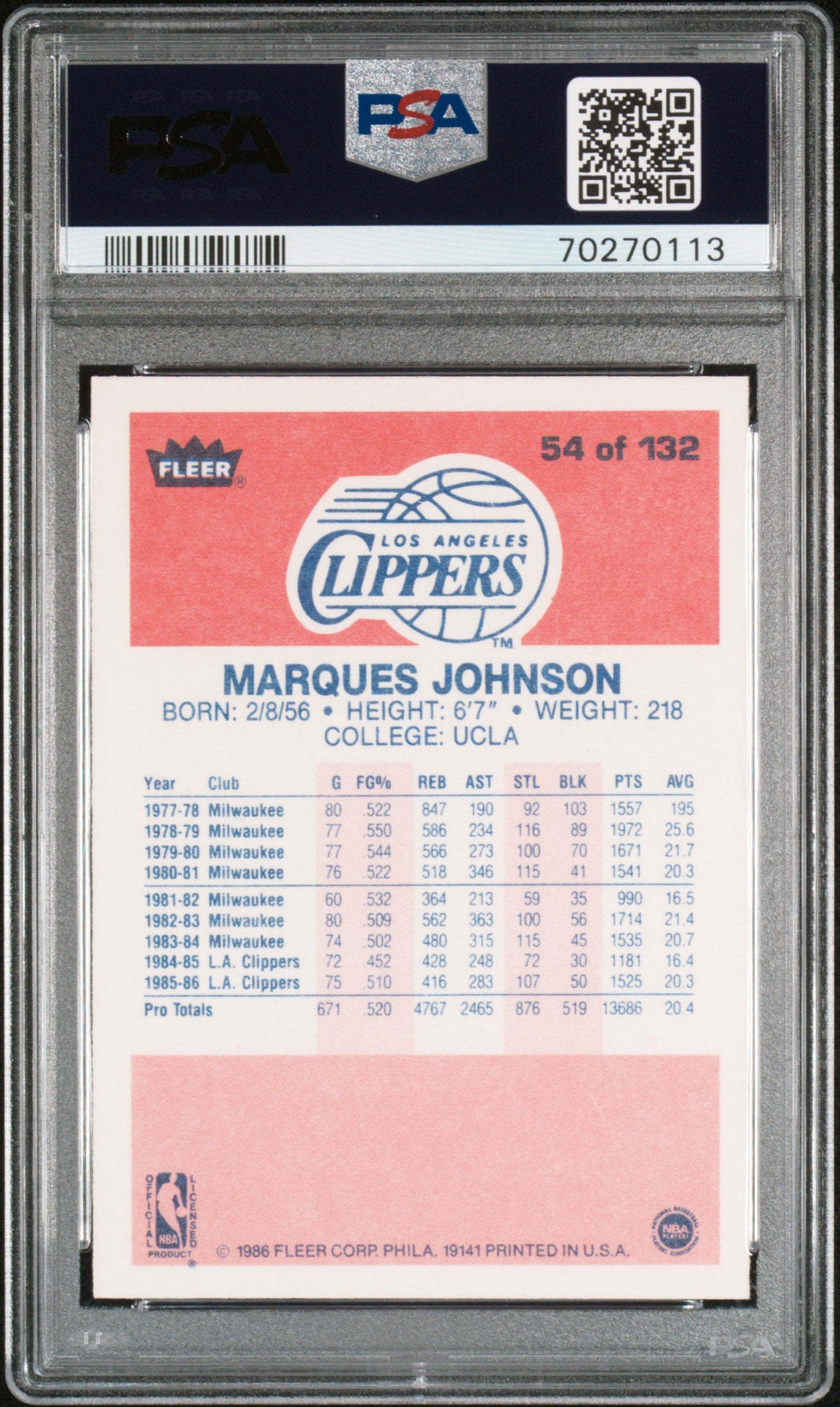 1986 Fleer Marques Johnson #54 PSA 9